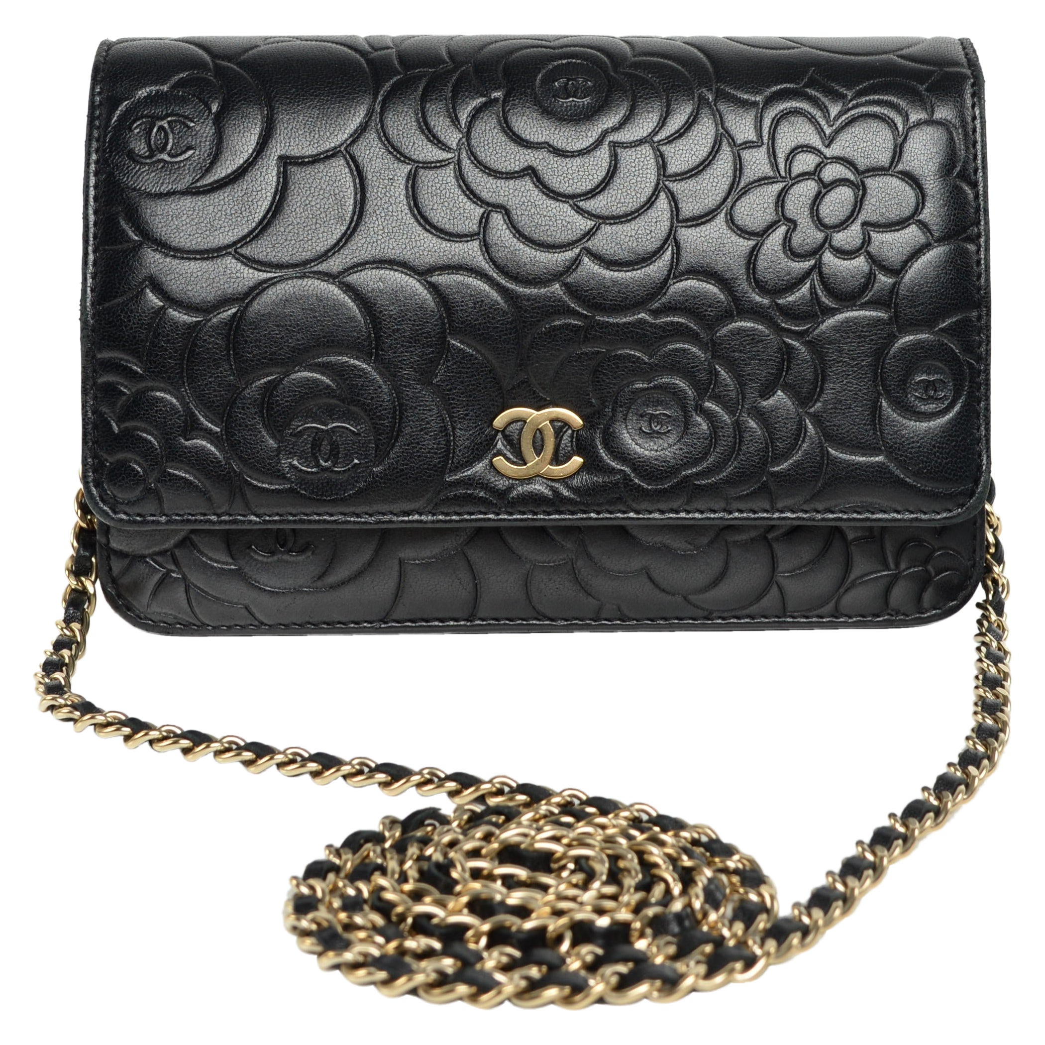 Chanel Camellia WOC Wallet On Chain Black Lambskin Leather at 1stDibs
