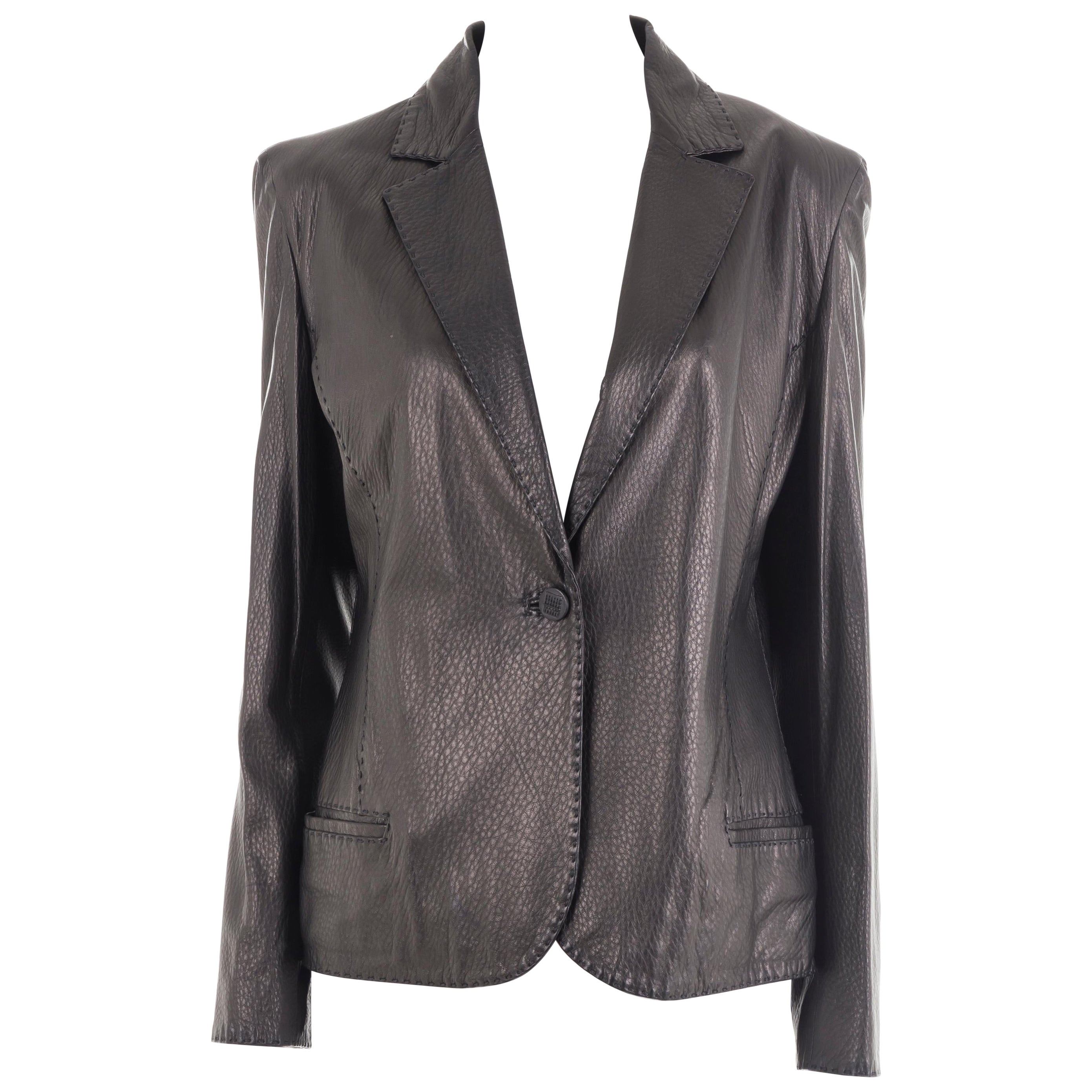 Fendi Selleria black handmade grained leather blazer jacket For Sale