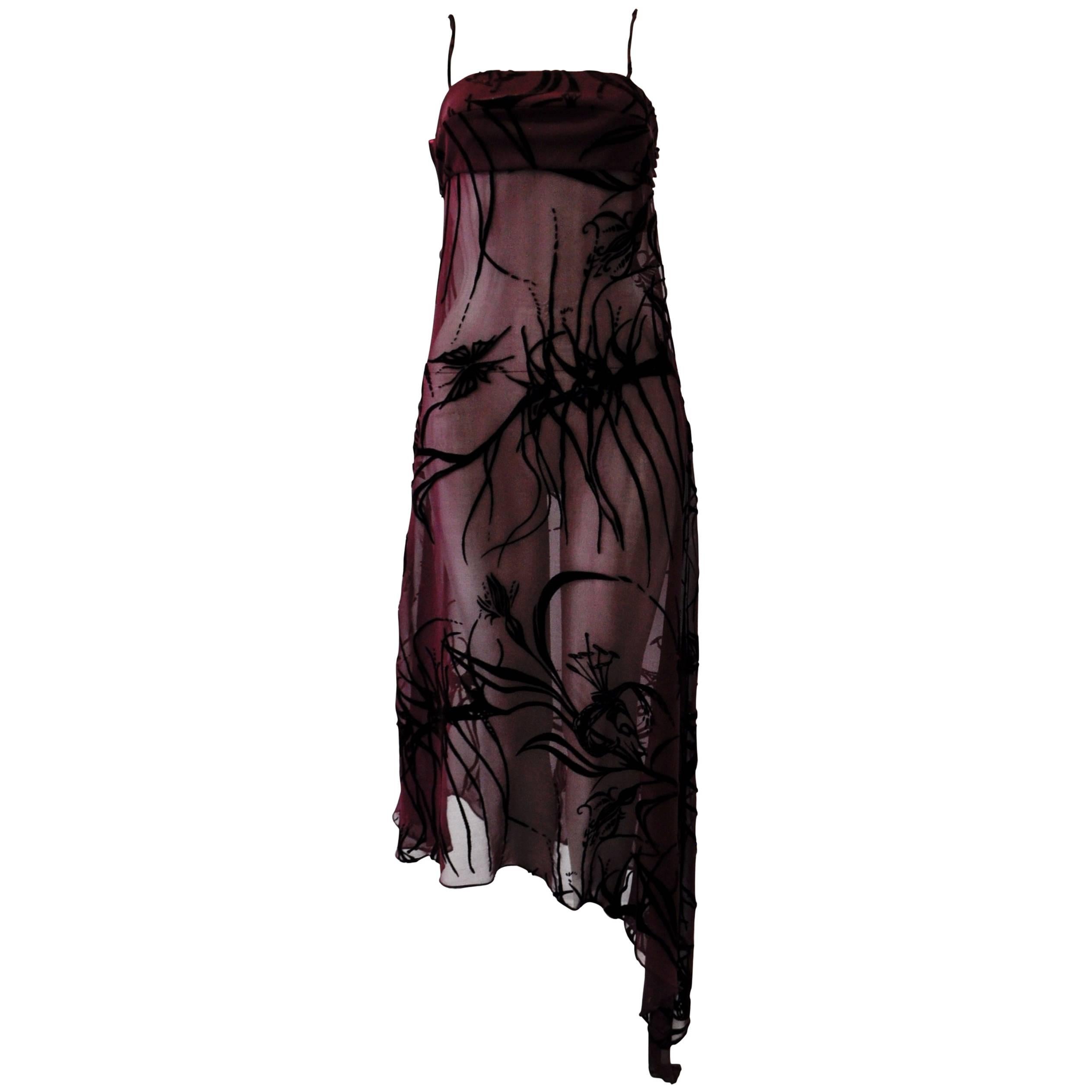 Mod Angelo Mozzillo Sheer Burgundy Burnt Out Velvet Dress For Sale
