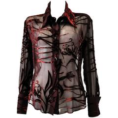 Mod Angelo Mozzillo Sheer Burgundy Burnt Out Velvet Shirt