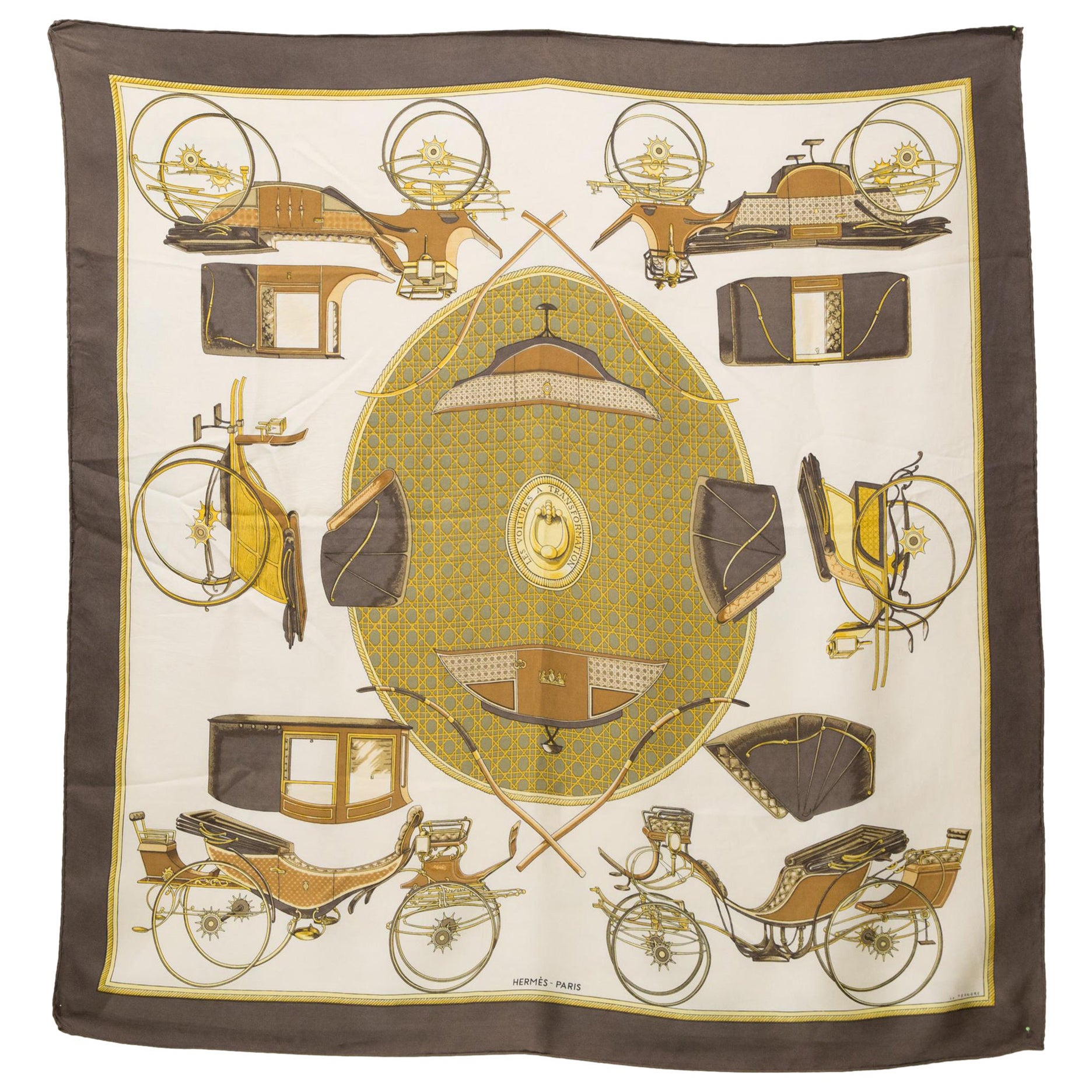 Hermes Voitures a Transformations by F de la Perriere Silk Scarf For Sale