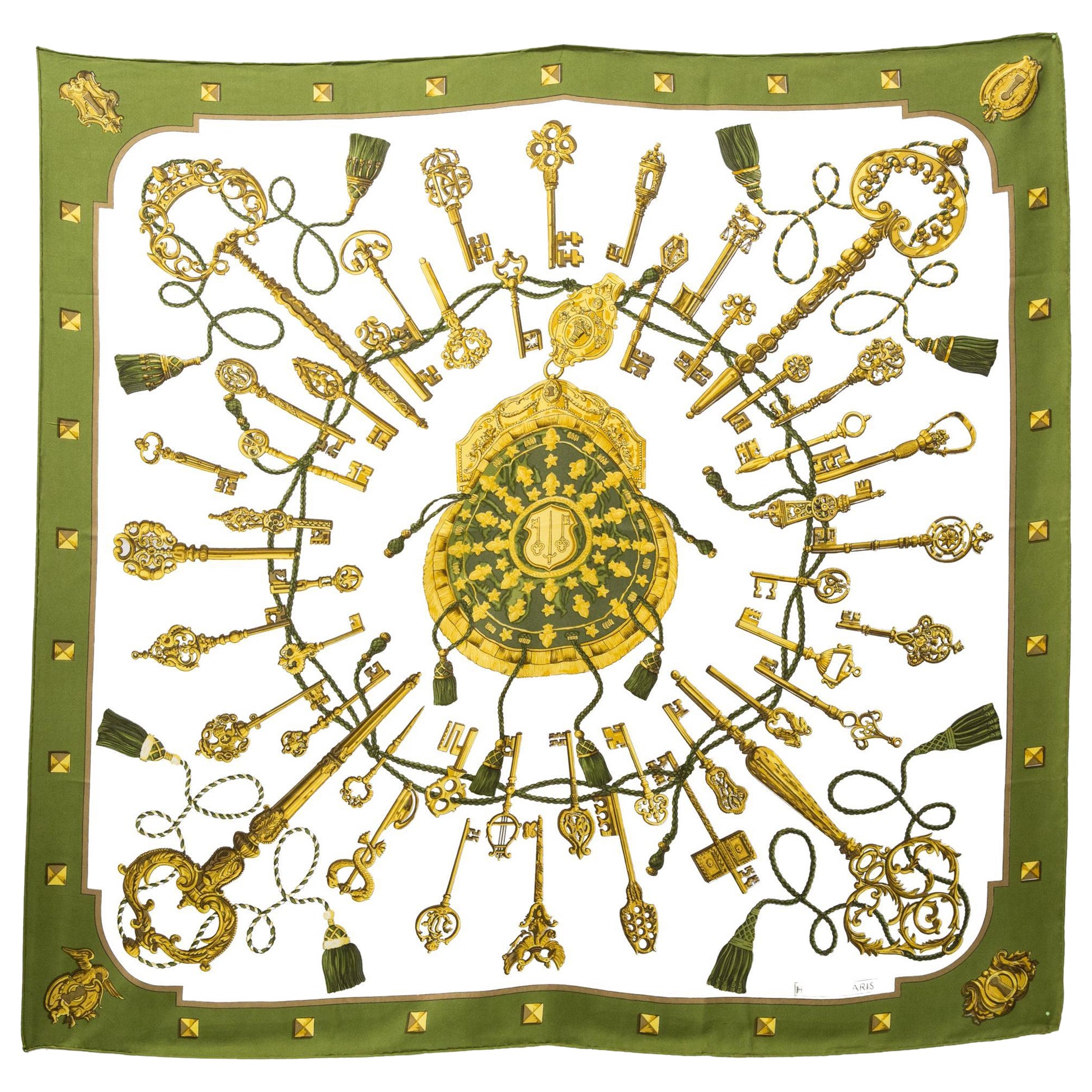 Hermes Green Les Clefs by Cathy Latham Silk Scarf For Sale