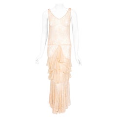 Vintage 1930's Pale Pink Sheer Lace & Tiered Silk Chiffon Bias Cut Deco Gown
