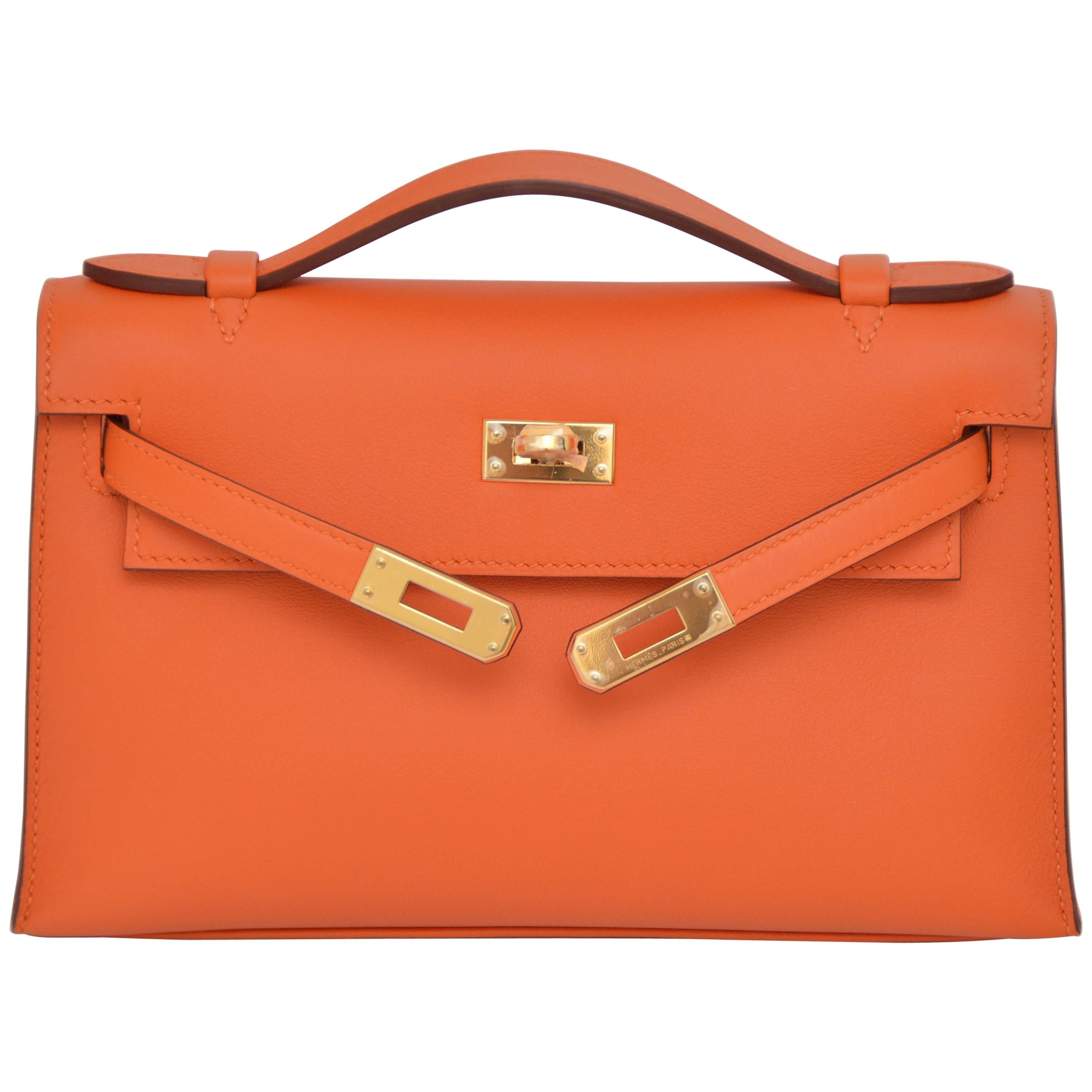 HERMES Kelly Iconic Orange Color Mini Pochette Veau Swift NEW