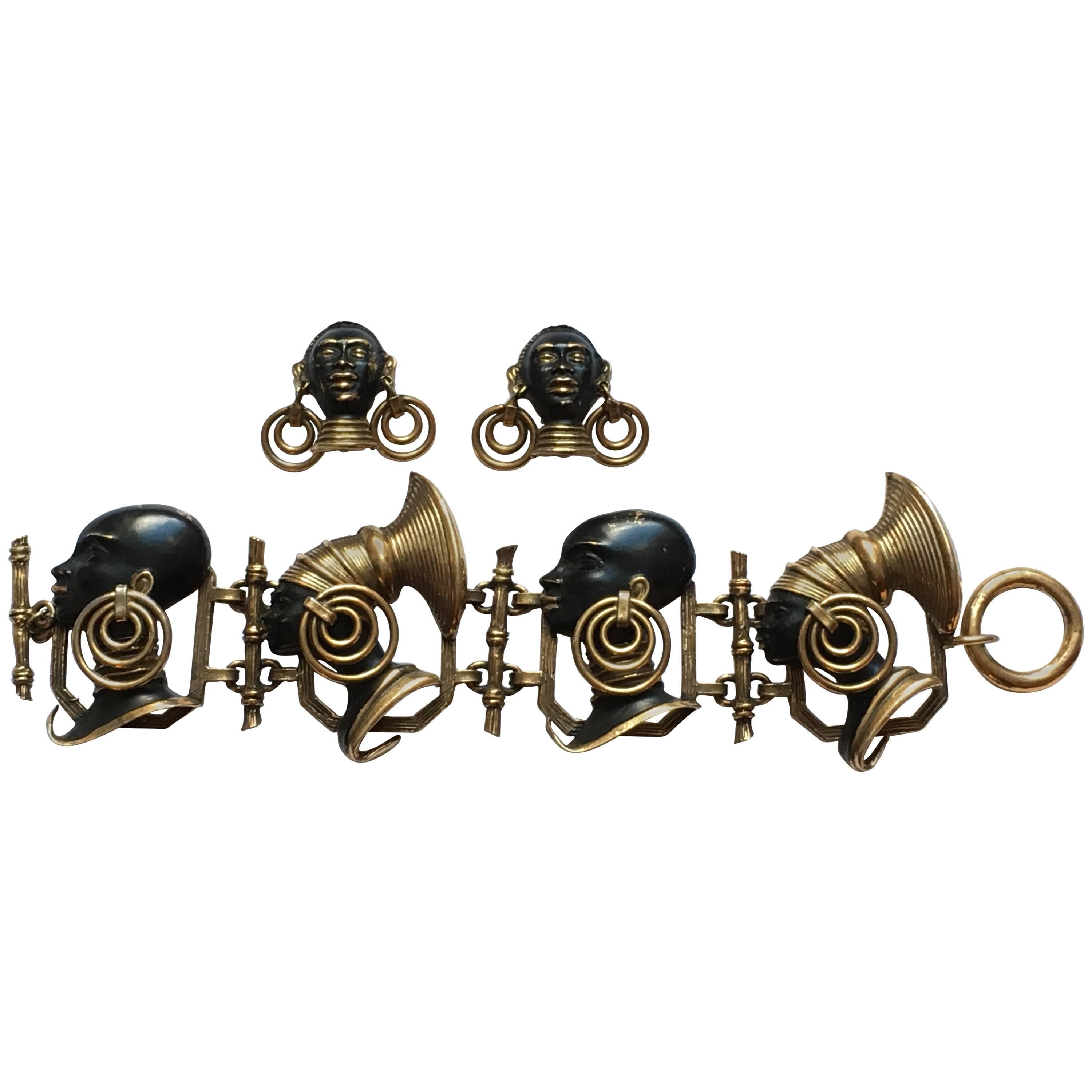 1940s Tribal African Head Enameled Brass Bracelet and Earrings