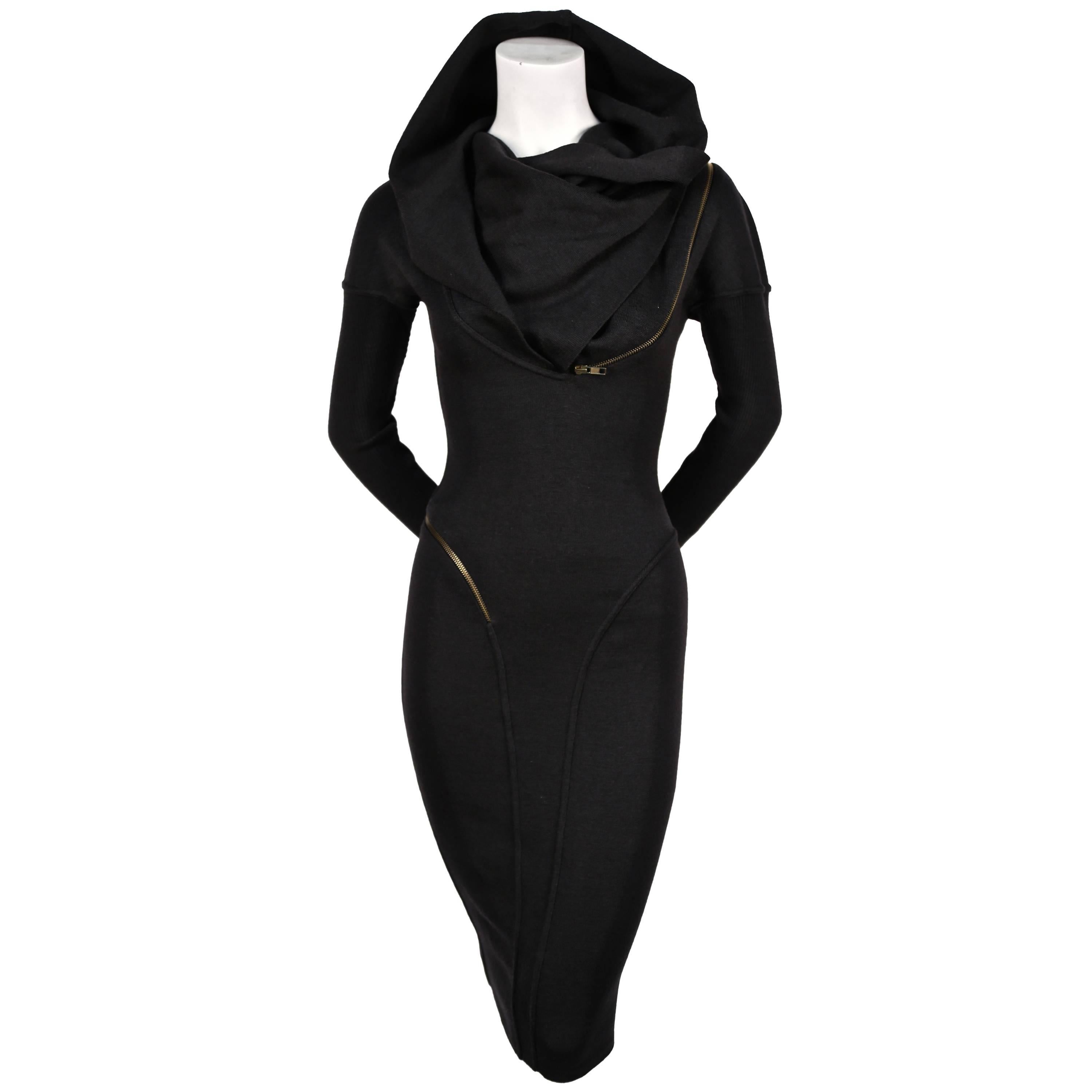 Azzedine Alaia Hooded Black Wool Zipper Dress, 1986 