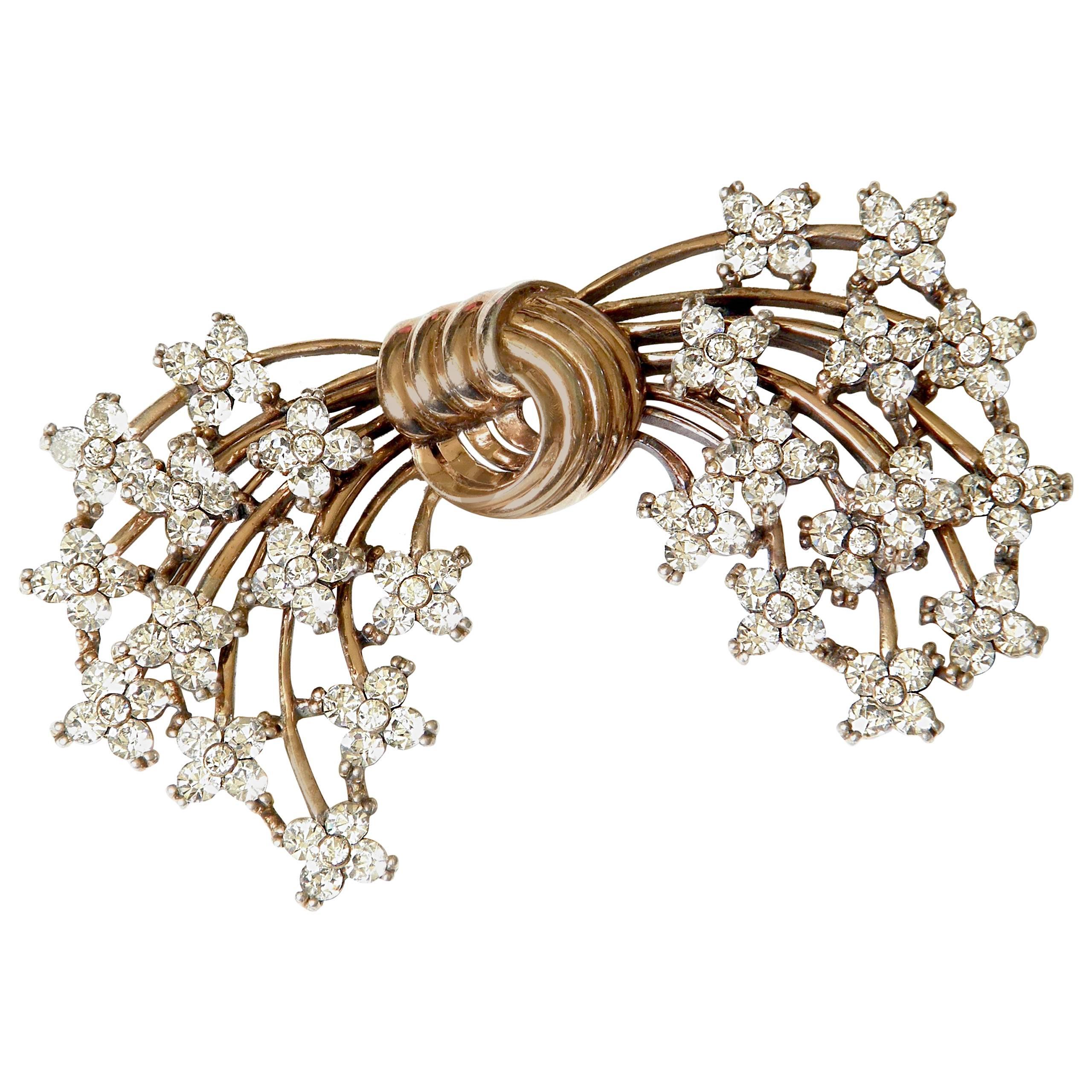 Pennino Gold Washed Sterling Floral Bow Brooch with Rhinestones