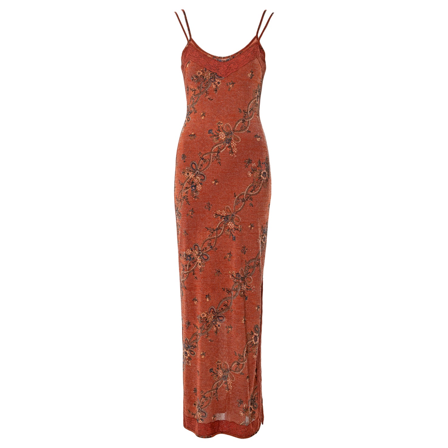 John Galliano metallic copper viscose knit with floral motif maxi dress, fw 2000 For Sale