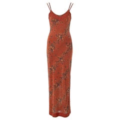 Vintage John Galliano metallic copper viscose knit with floral motif maxi dress, fw 2000