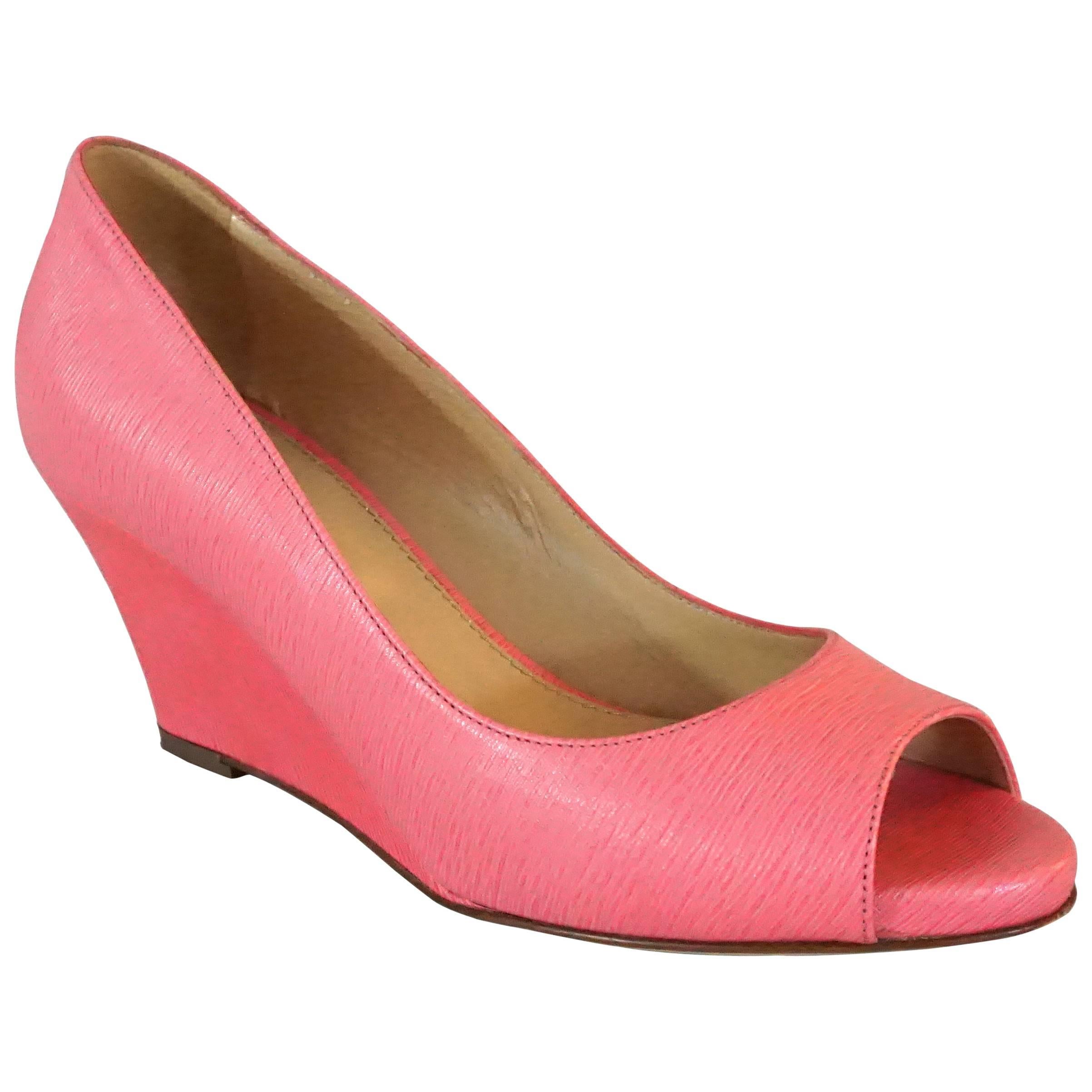 Sergio Rossi Pink Epi Leather Open Toe Wedges - 36.5