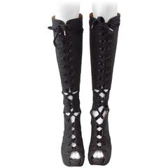 Lace Up Acne Knee High Woven Linen and Leather Boots- EU size 39