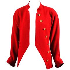 Chanel Red Gold Tone Wool Coin Button Stand Up Collar LS Jacket