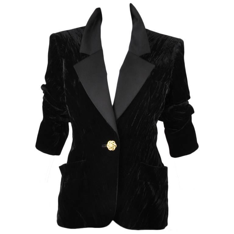 Vintage Yves Saint Laurent Black Velvet w/ Rhinestone Button Blazer Size 36