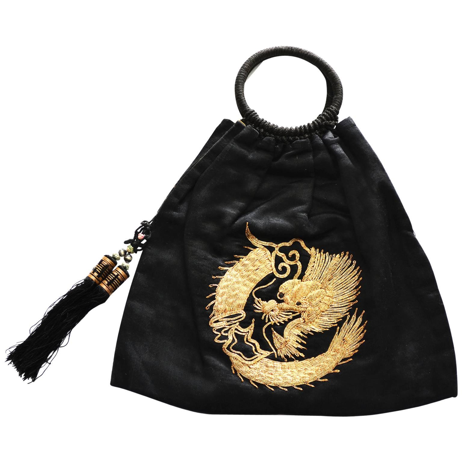 Antique Handbag Chinese Embroidery Gold Metallic Dragon Black Silk Bag Purse For Sale