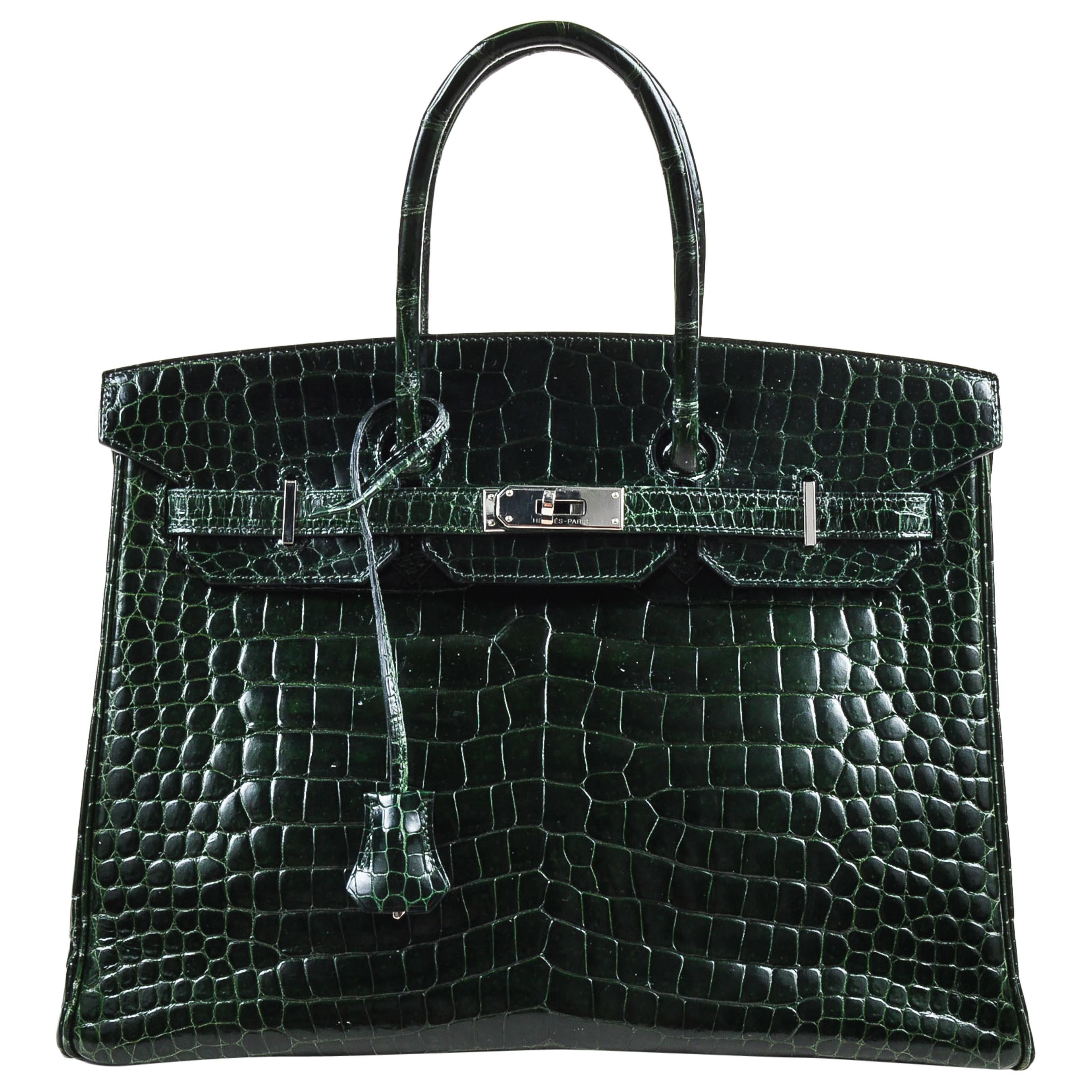Hermes Vert Fonce Crocodile Porosus Shiny Palladium Hardware "Birkin" 35 cm Bag For Sale