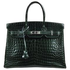 Hermes Vert Fonce Crocodile Porosus Shiny Palladium Hardware "Birkin" 35 cm Bag