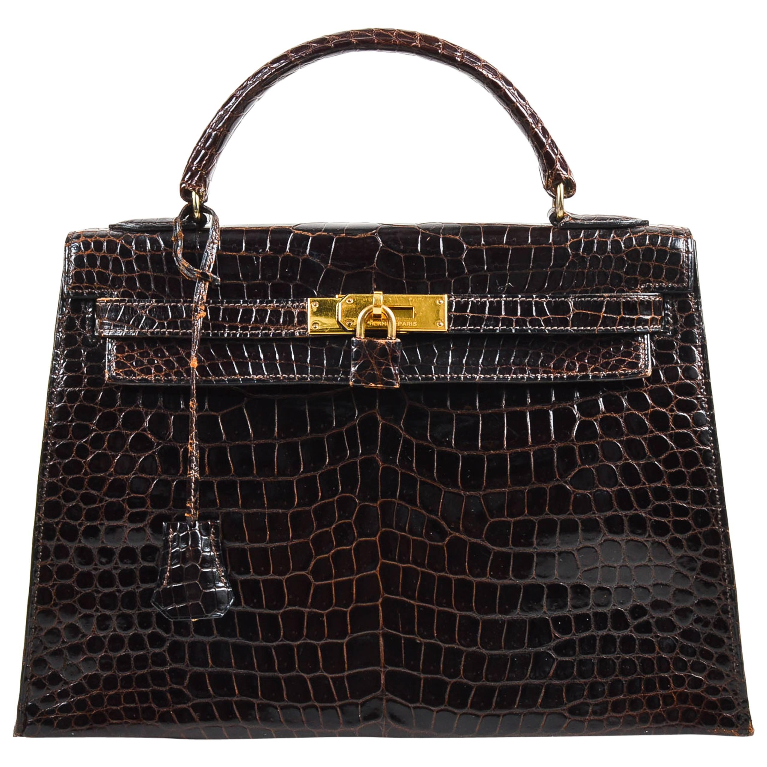 Hermes Brown Gold Tone Porosus Shiny Crocodile "Kelly 32" Hand Bag Purse For Sale