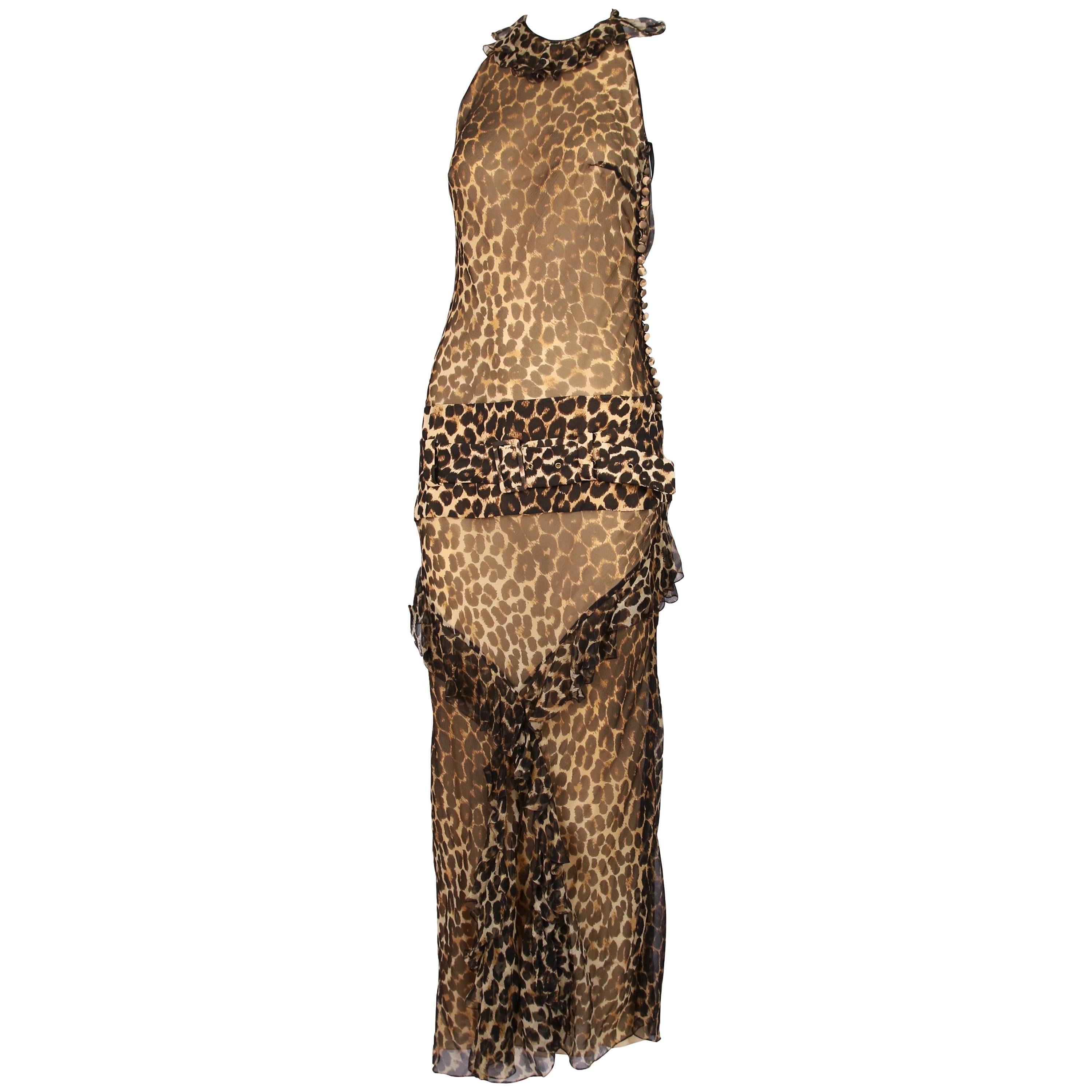 John Galliano Leopard Print Silk Chiffon Halter Evening Gown Dress