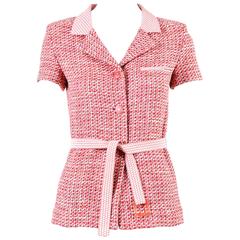 ﻿Chanel 02P Pink Red Tweed Chevron Print Trim Belted SS Jacket SZ 34
