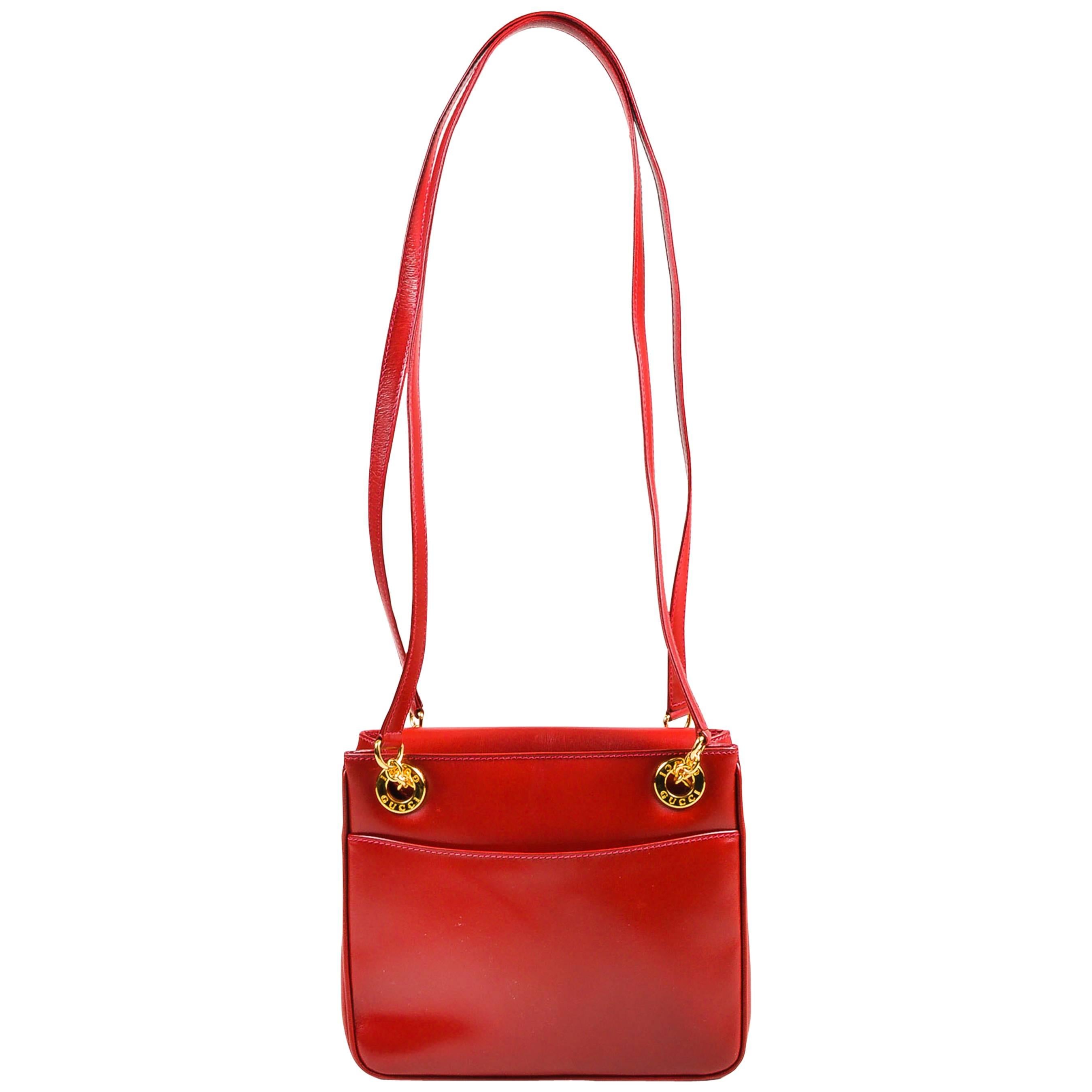 Vintage Gucci Red Box Calf Leather Gold Tone Metal Dual Strap Shoulder Bag For Sale
