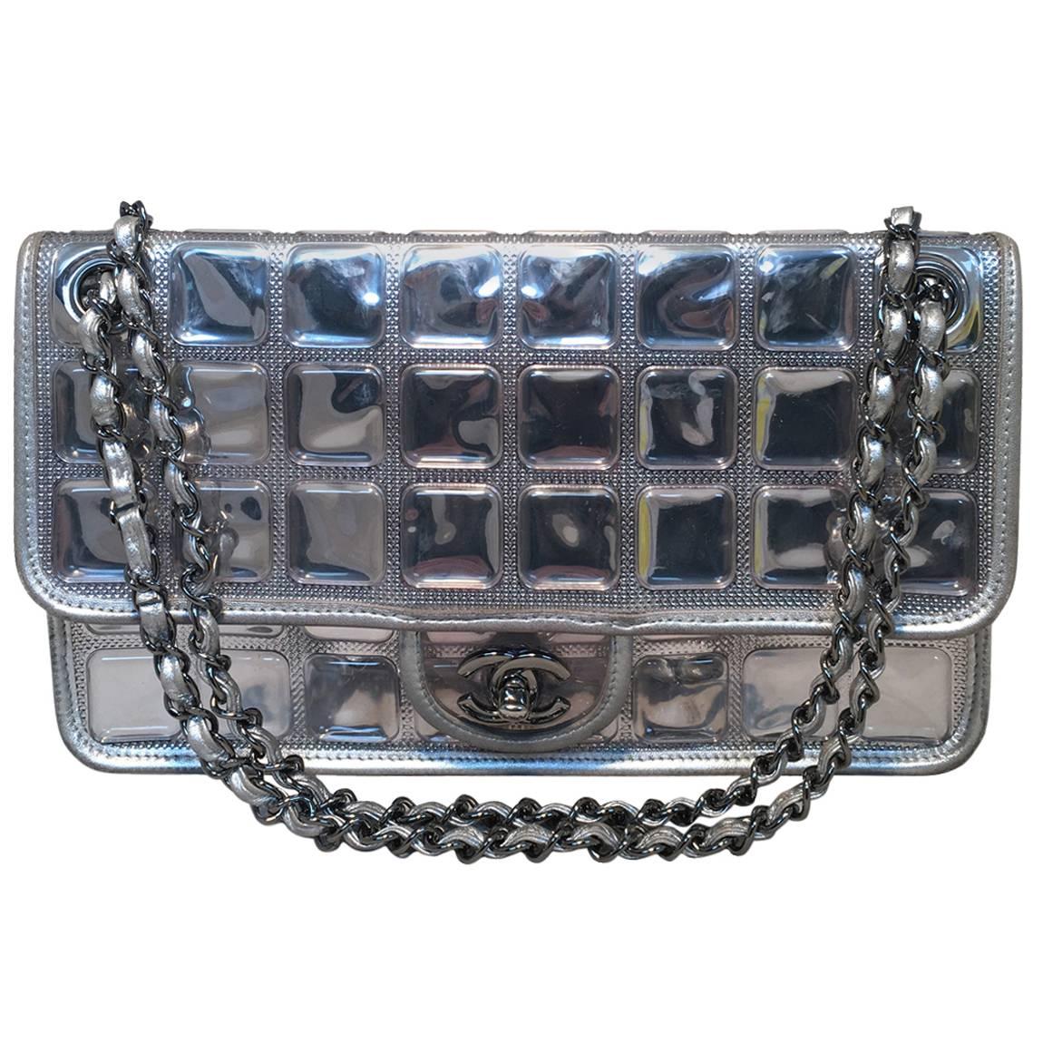 LIMITED EDITION Chanel Silver Ice Cube Classic Flap Shoulder Bag