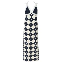 Galanos Ivory and Navy Diamond Print Silk Gown w/ white beaing-8-Circa 90's 5