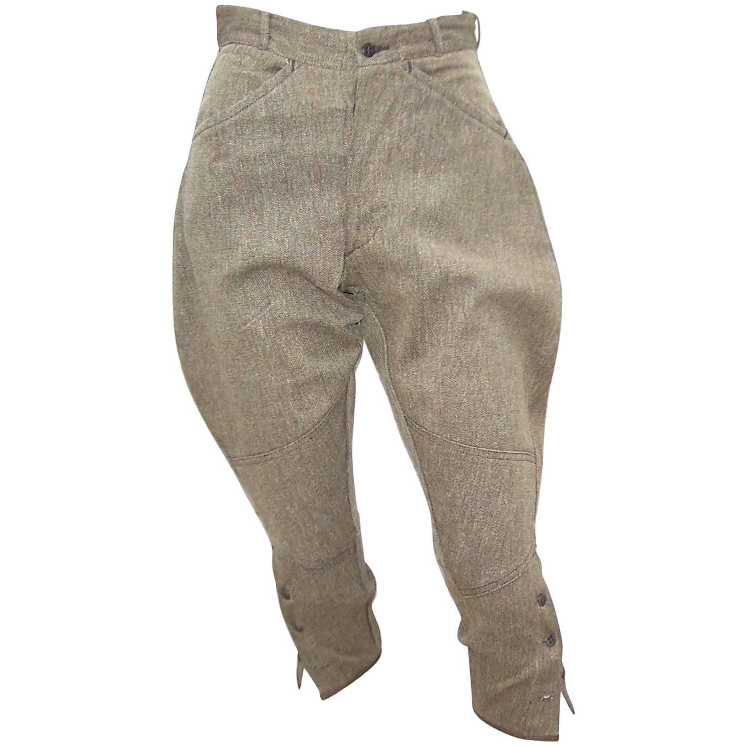 C.1930 Brown Denim Jodhpur Riding Pants With Button Details
