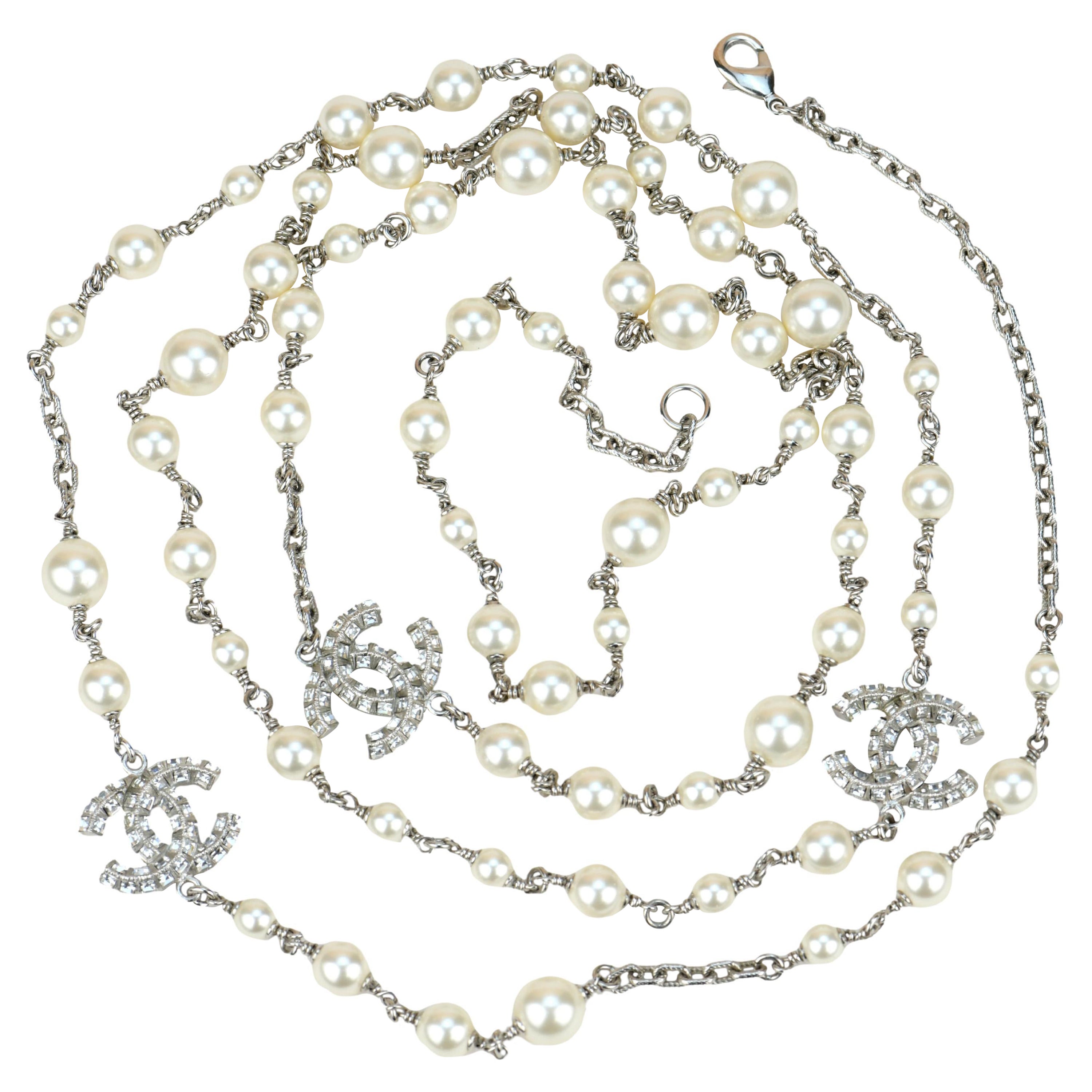 Chanel CC White Pearl and Crystal Long Necklace