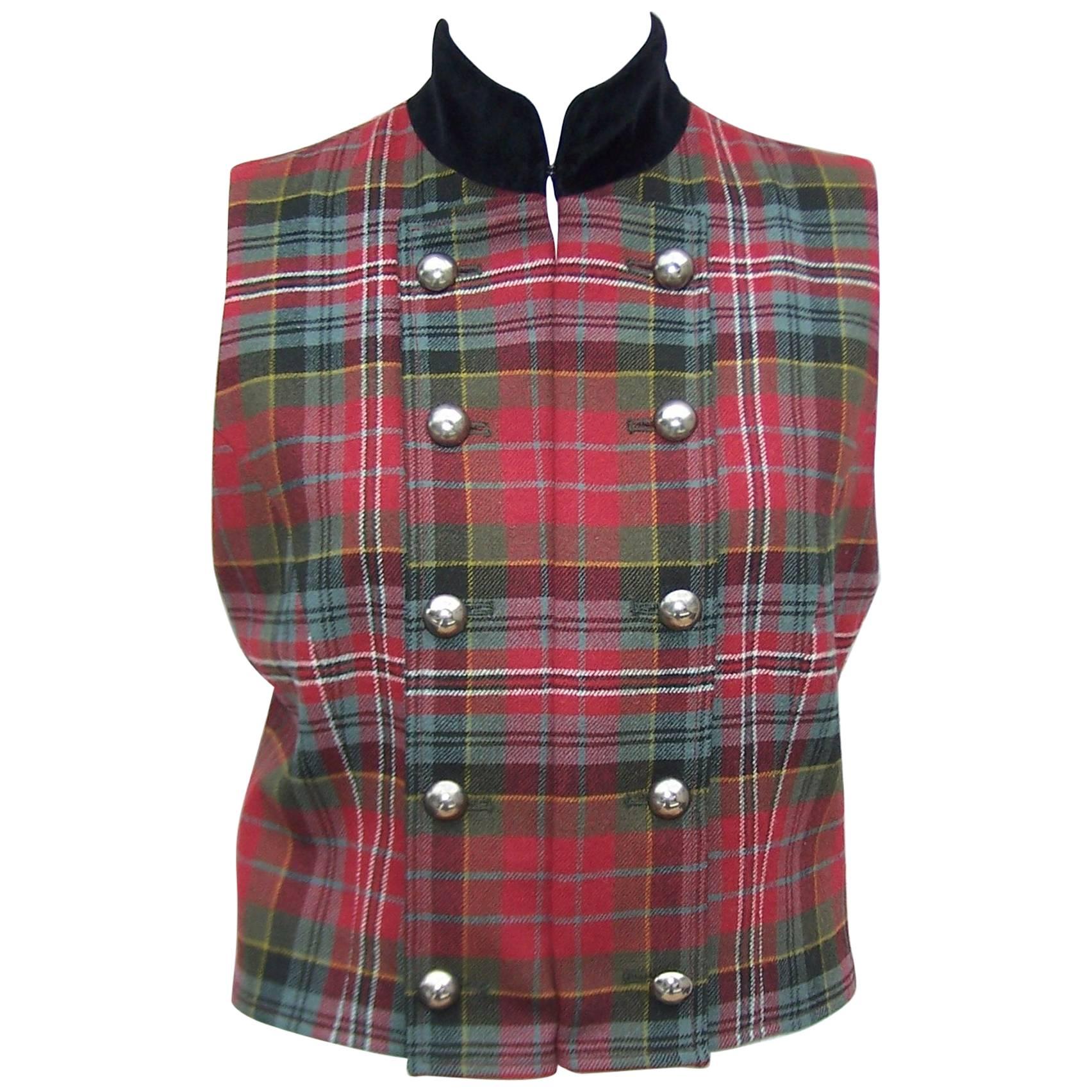 C.1990 Ralph Lauren Military Style Plaid & Velvet Wool Vest