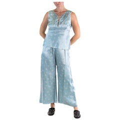 1940S Powdered Blue Rayon Satin Bow Print Pajamas