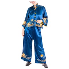Vintage 1940S Indigo Blue Hand Embroidered Silk Satin Chinese Sun Dragon Jacket