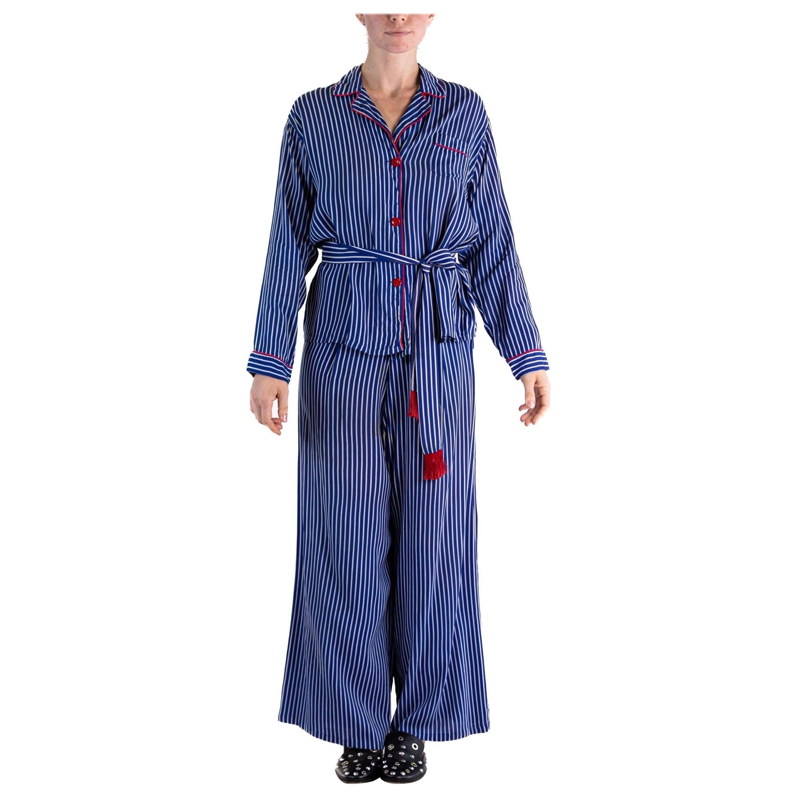 1940S Blue & White Rayon Pajamas With Red Piping For Sale