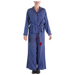 Vintage 1940S Blue & White Rayon Pajamas With Red Piping