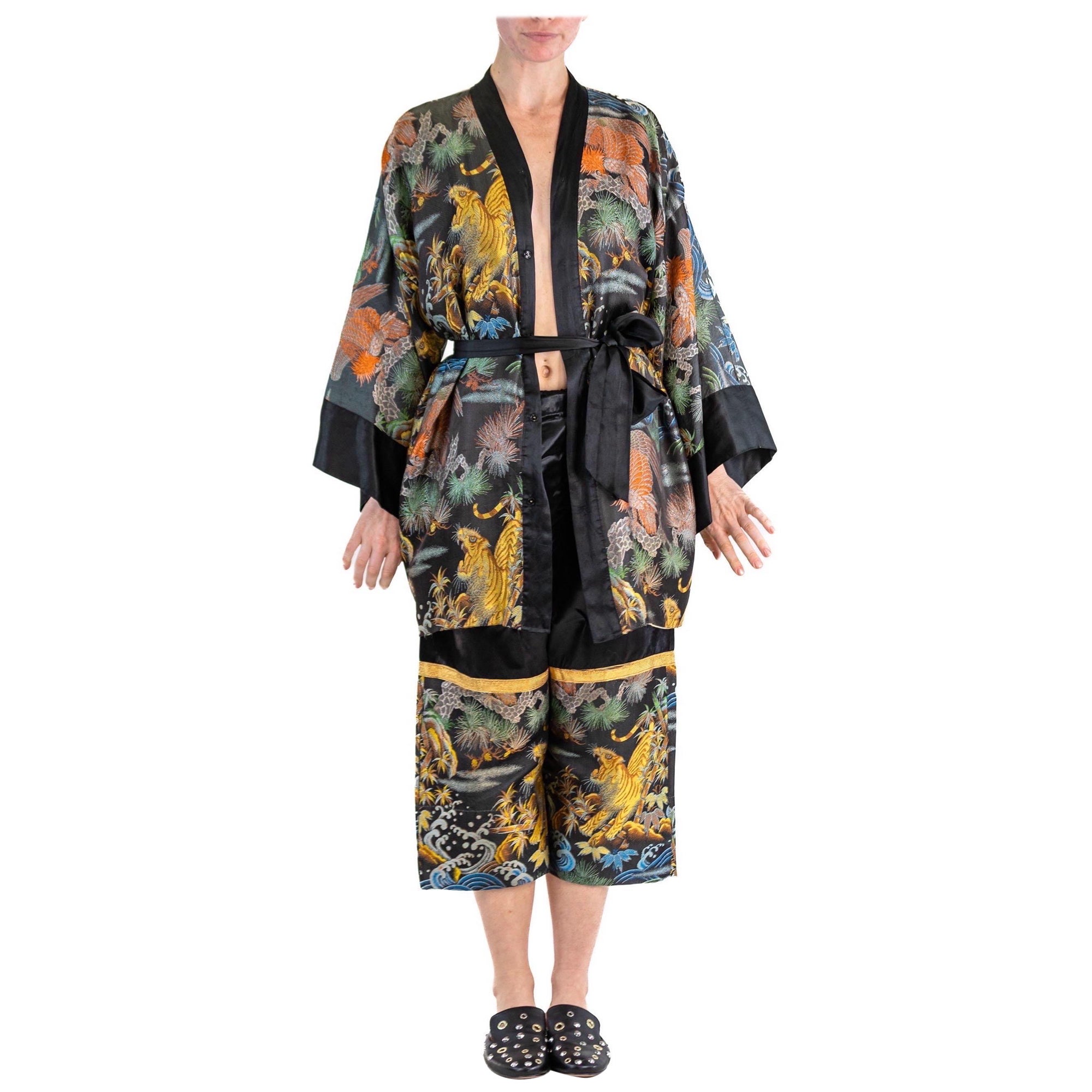 1940S Black Silk Jacquard Mens Asian Lounge Pajamas For Sale