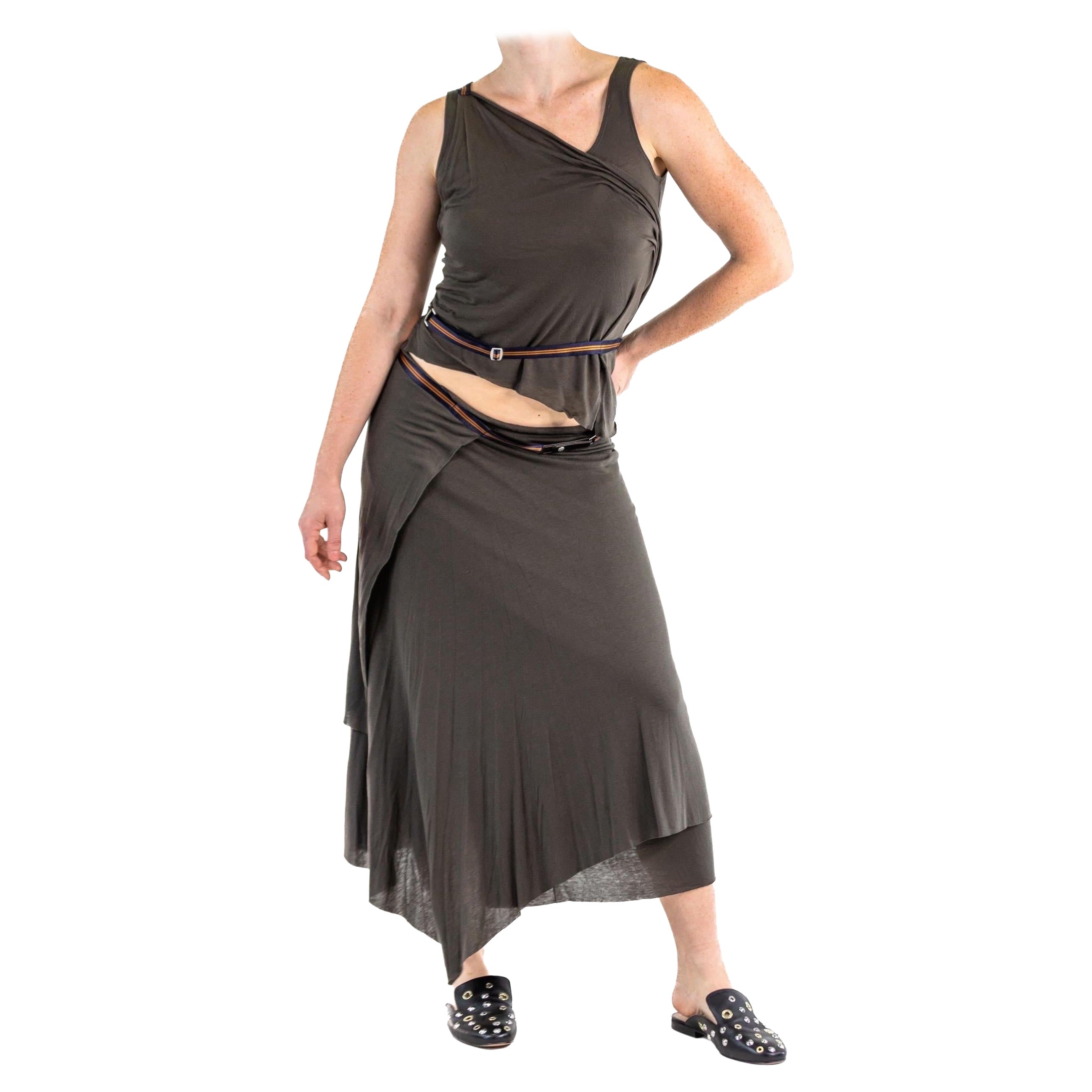 2000S ISSEY MIYAKE Olive Green Cotton Blend Jersey Top And Skirt Ensemble With  For Sale