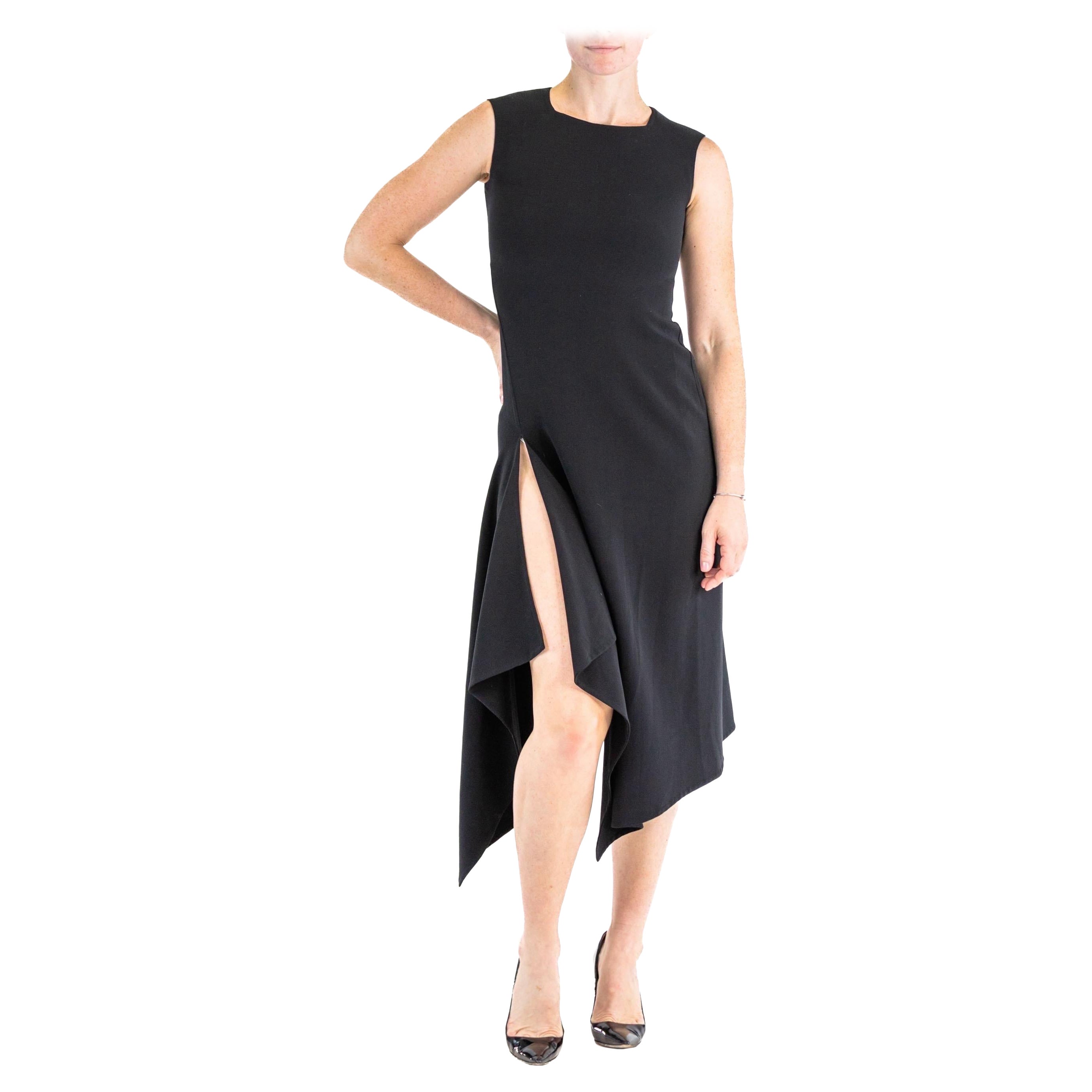 2000S DONNA KARAN Black Wool Blend Stretch High Side Slit Modernist Gown For Sale