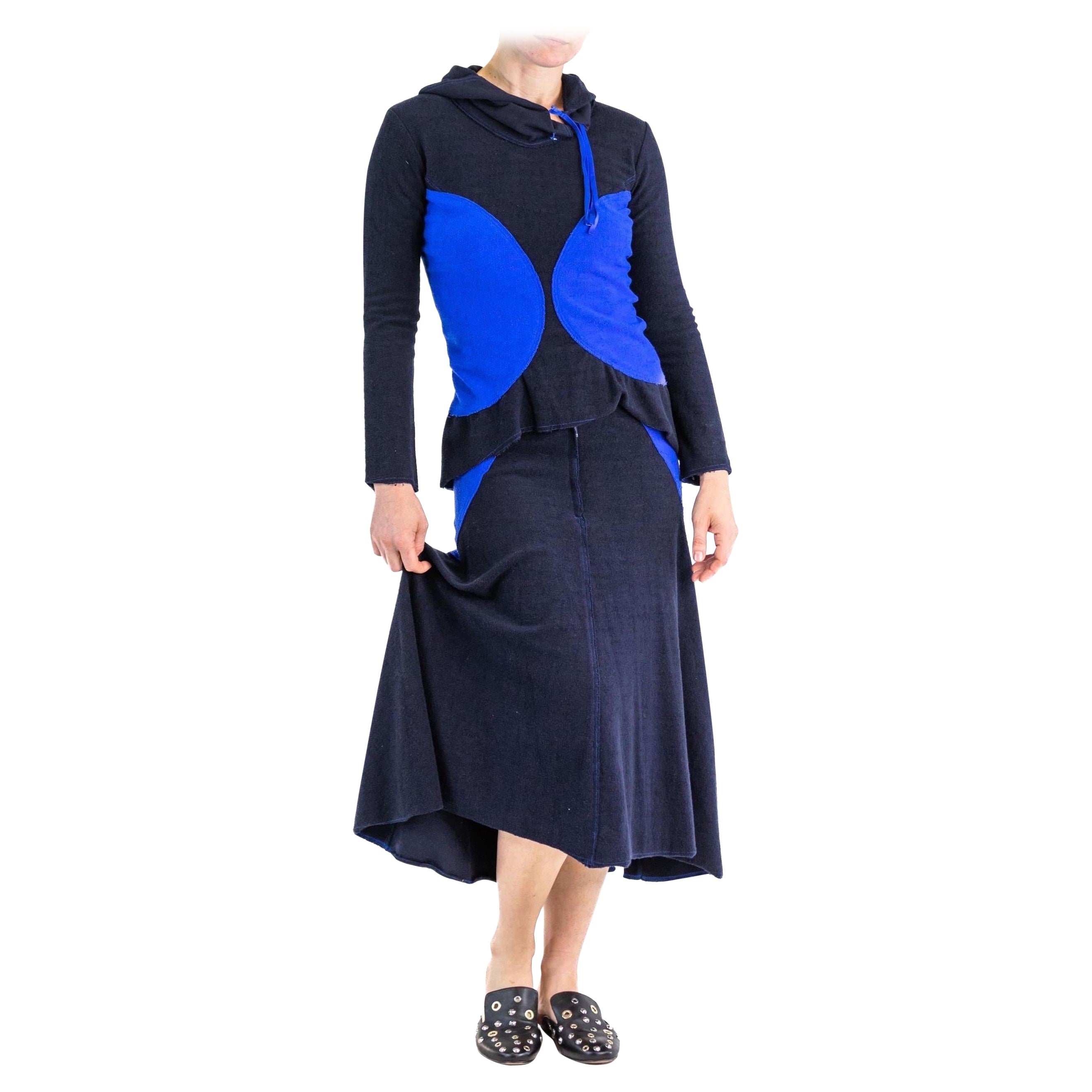 1990S ISSEY MIYAKE Cobalt Blue & Navy Cotton Terry  Colorblock Top Skirt Ensemb For Sale