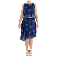 Vintage 1990S ME BY ISSEY MIYAKE Blue Floral Cotton Blend Plissé Top & Skirt Ensemble