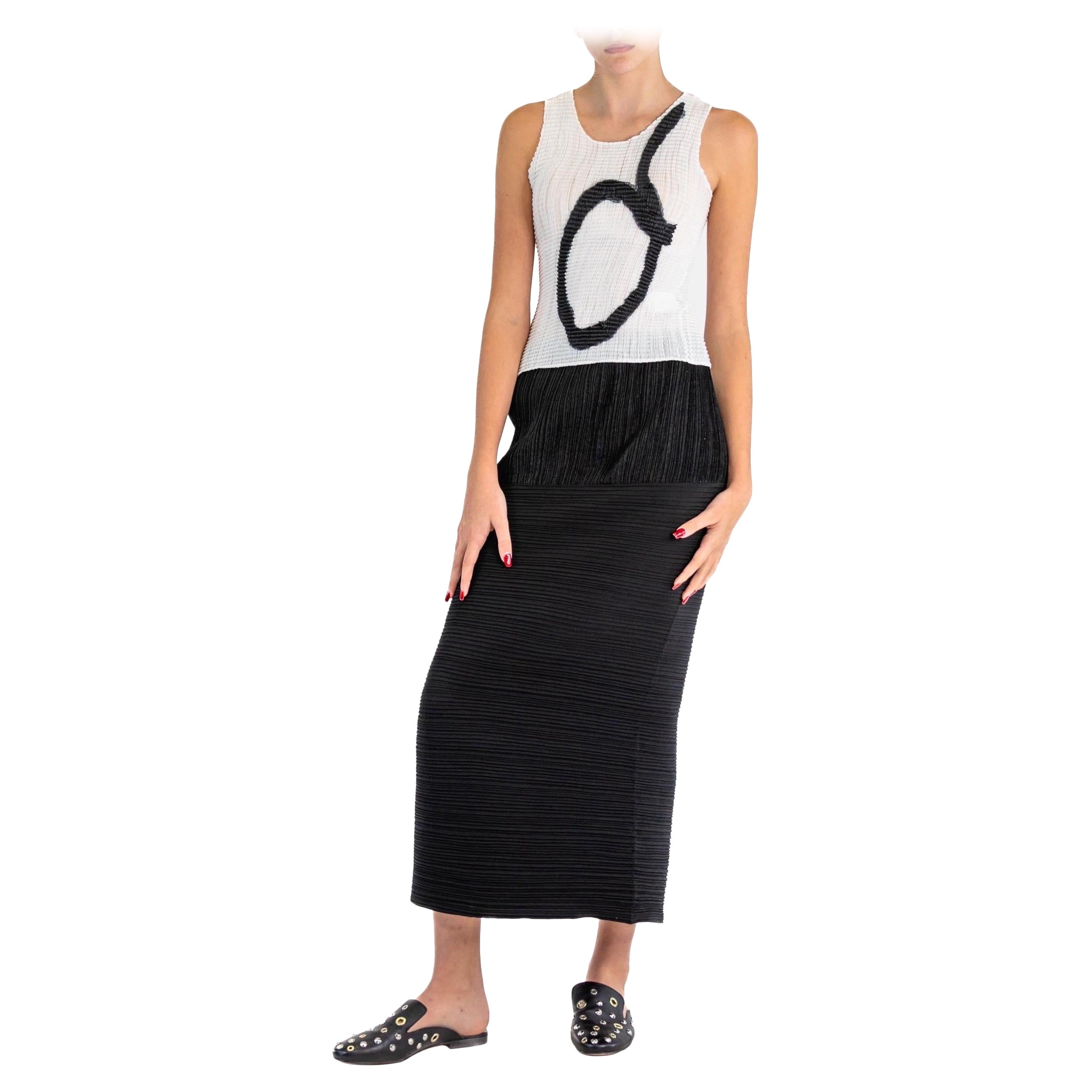 2000S ISSEY MIYAKE Black & White Polyester Double Pleated Tank Top Velvet Skirt For Sale