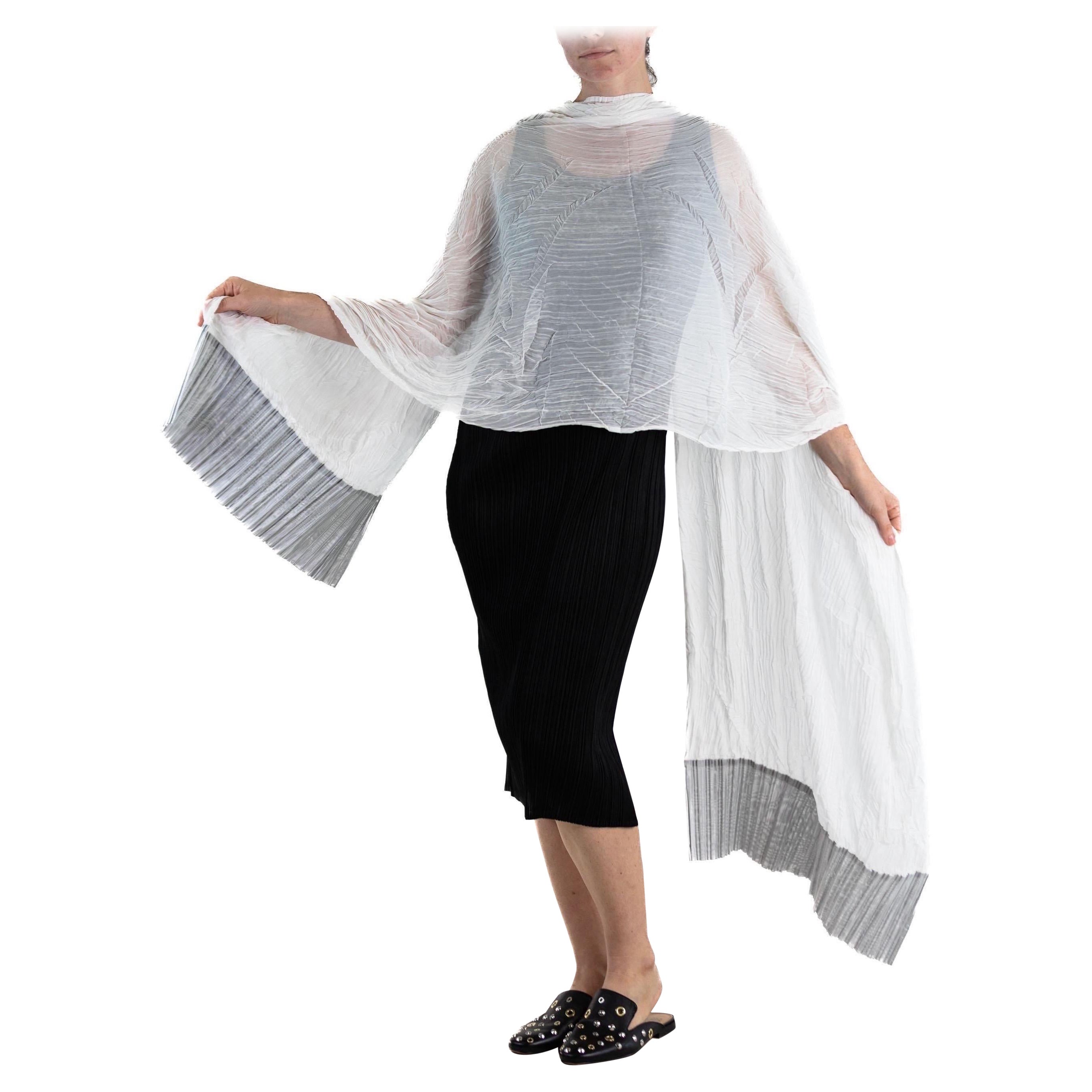1990S ISSEY MIYAKE White & Silver Poly Blend Long Pleated Scarf For Sale