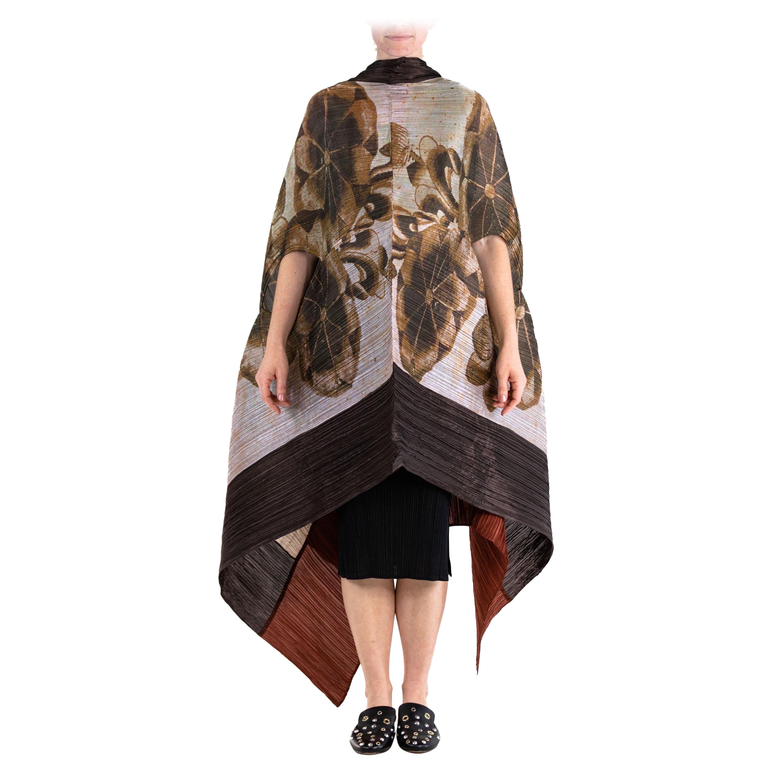 1990S ISSEY MIYAKE Dark Chocolate Brown Polyester Pleated Shawl With Floral Pri For Sale