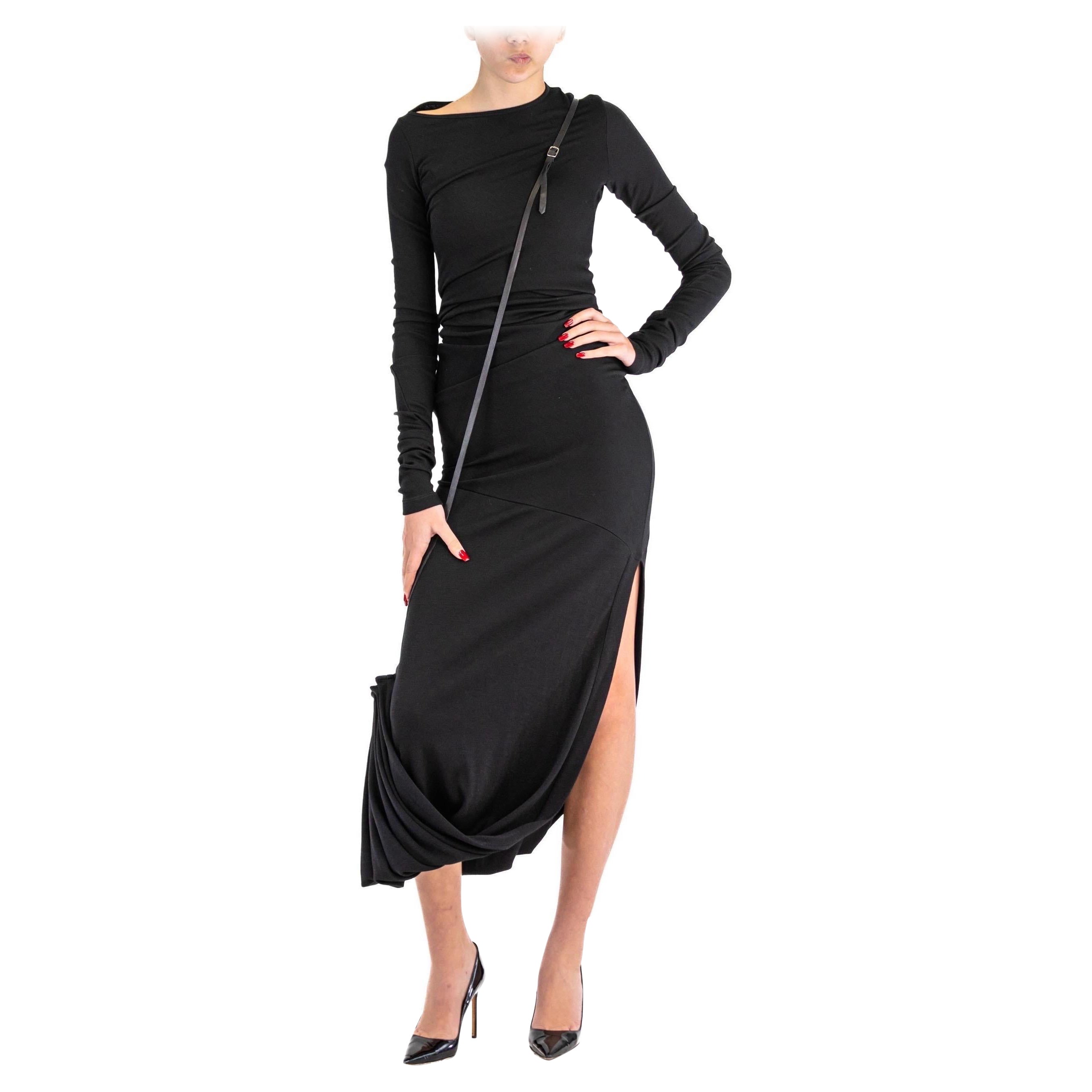 1990S JEAN PAUL GAULTIER Black Wool Blend Knit Dress With Draped Sash For Sale