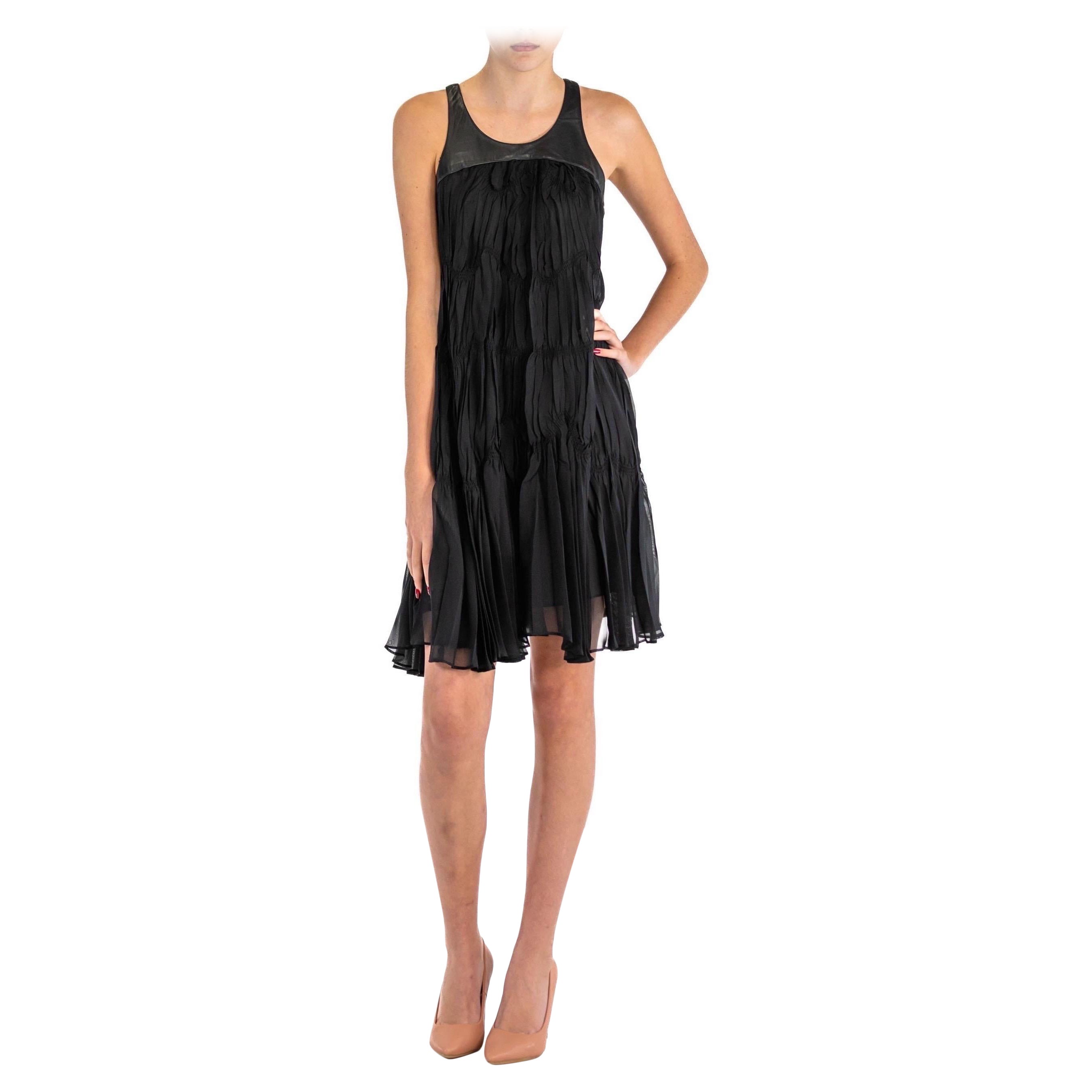 1990S PLEIN SUD Black Pleated Polyester Chiffon  Babydoll Dress With Leather For Sale