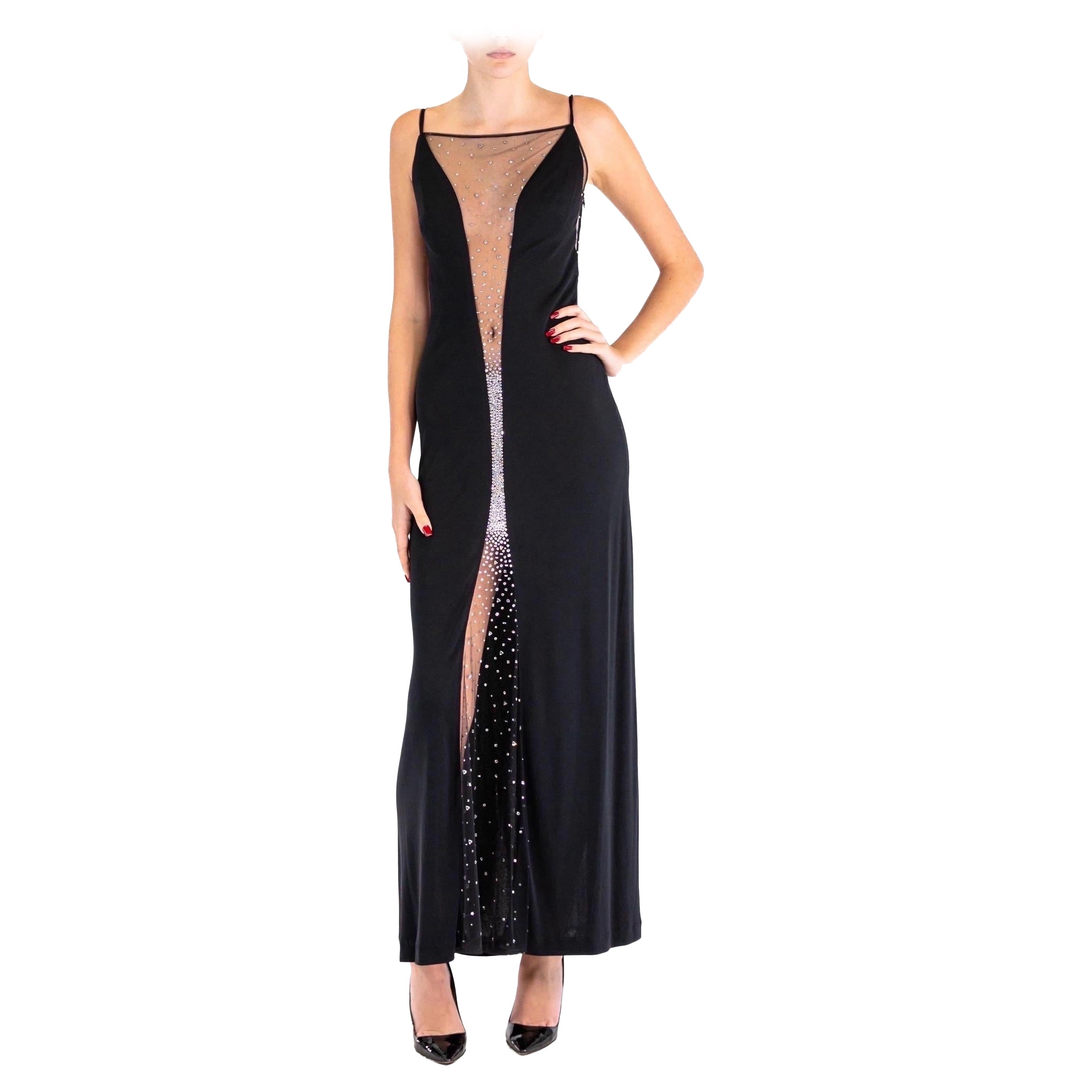 1990S JIKI Black Slinky Rayon Deep V Gown With Crystal Covered Sheer Mesh For Sale