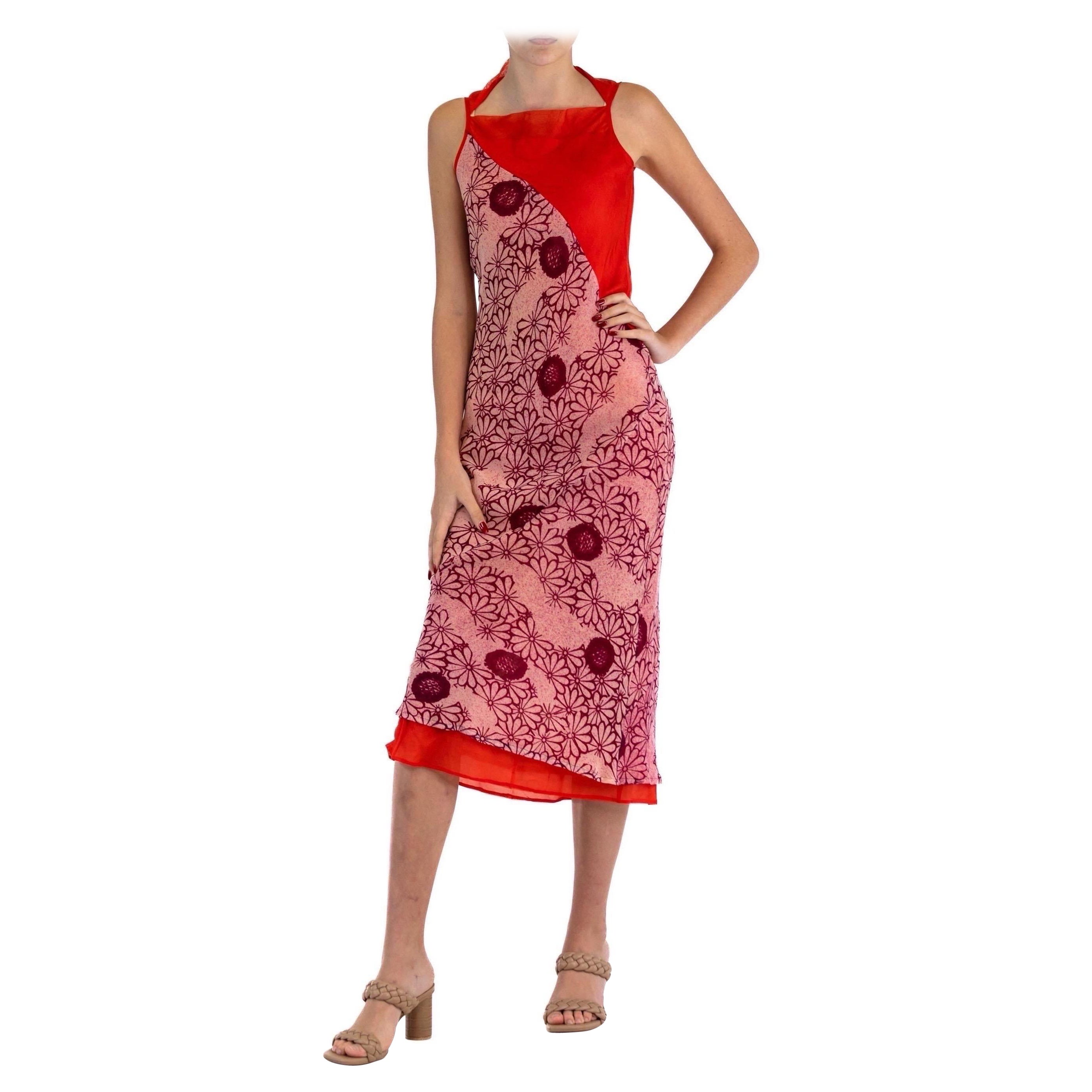 1990S Rot Schrägschnitt Chiffon 90'S Grunge Romantisches Florales Kleid Mit Quadratischem Ausschnittli im Angebot