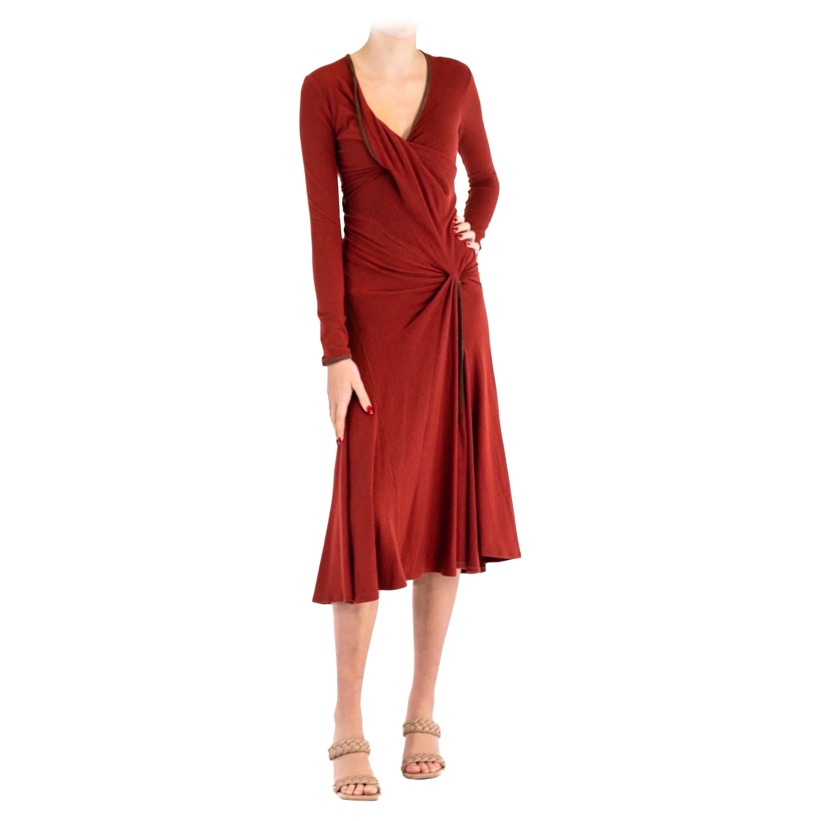 2000S DONNA KARAN Rust Red Wool Blend Jersey Dress With Lambskin Suede Trim For Sale
