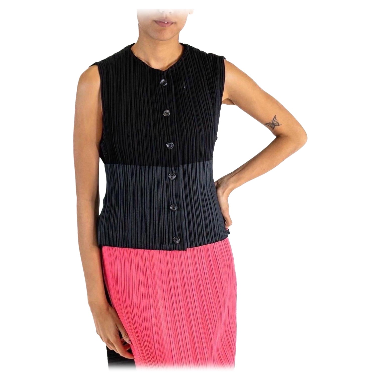 1990S ISSEY MIYAKE Black Pleated Polyester Top With Attached Draped Sash For Sale