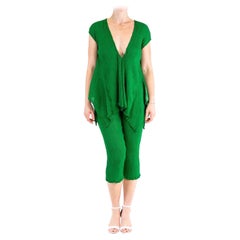 1990S ISSEY MIYAKE Ensemble pantalon et haut plissé en polyester froissé vert gazon