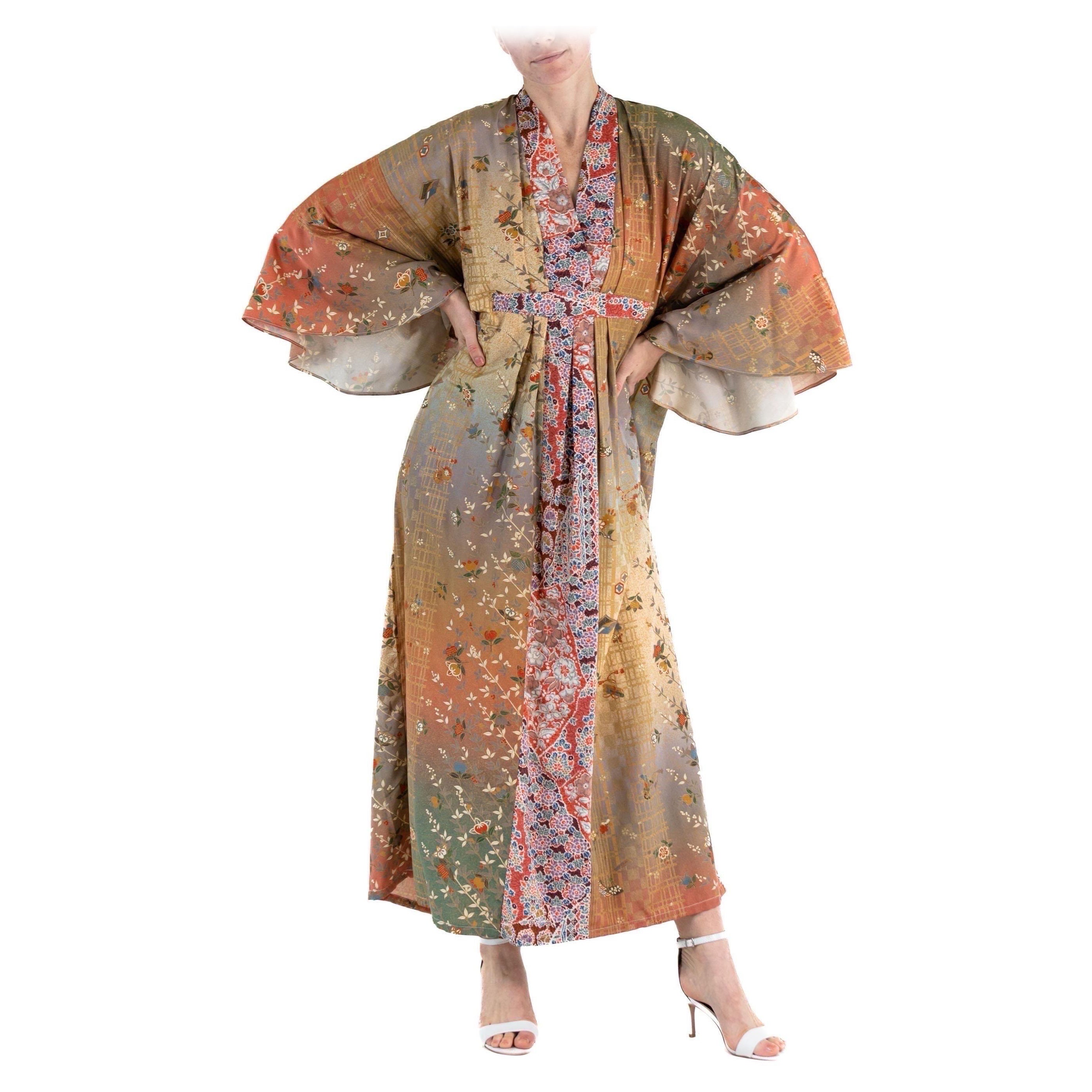 MORPHEW COLLECTION Orange Grey Japanese Kimono Silk Cherry Blossom Kaftan For Sale