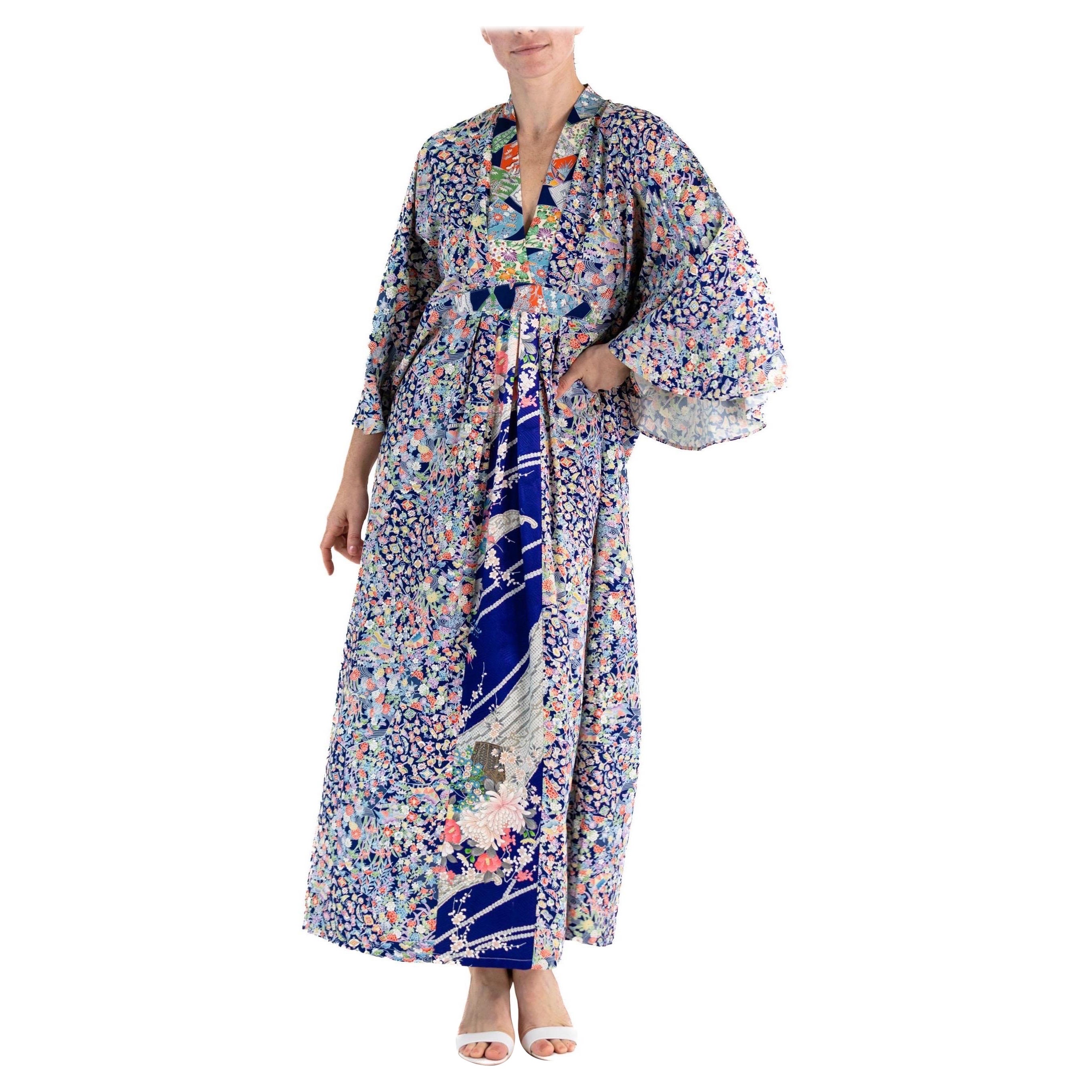 MORPHEW COLLECTION Mixed Blues Japanese Kimono Silk Floral Print Kaftan For Sale